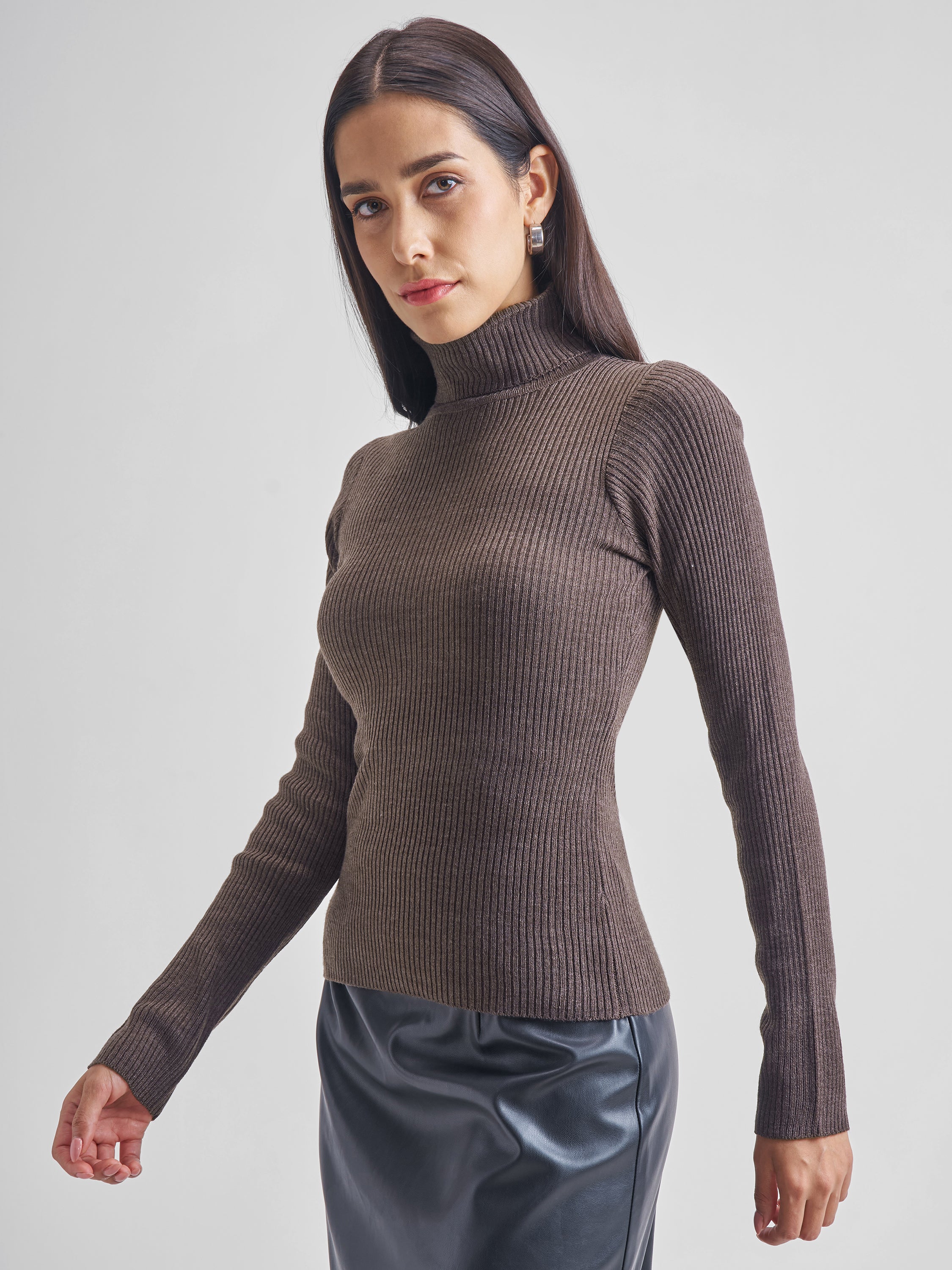 Tokyo Talkies Women Brown Turtle Neck Pullover Sweater - Brown - Image 4