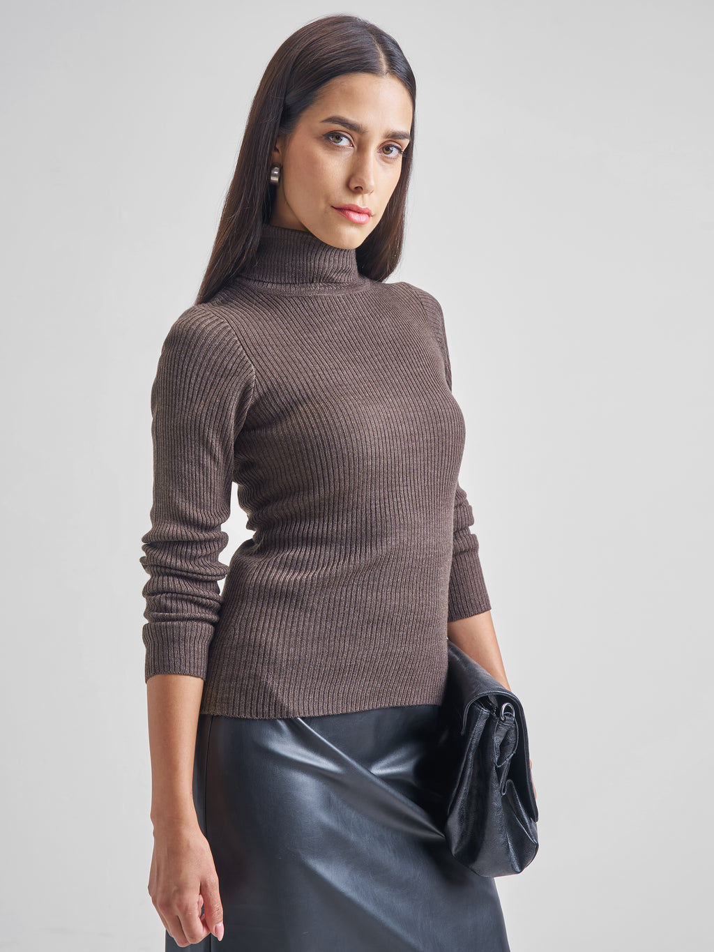 Tokyo Talkies Women Brown Turtle Neck Pullover Sweater - Brown - Image 6