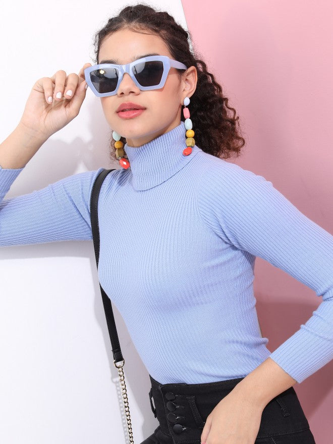 Tokyo Talkies Women Blue Turtle Neck Pullover Sweater - Blue - Image 4