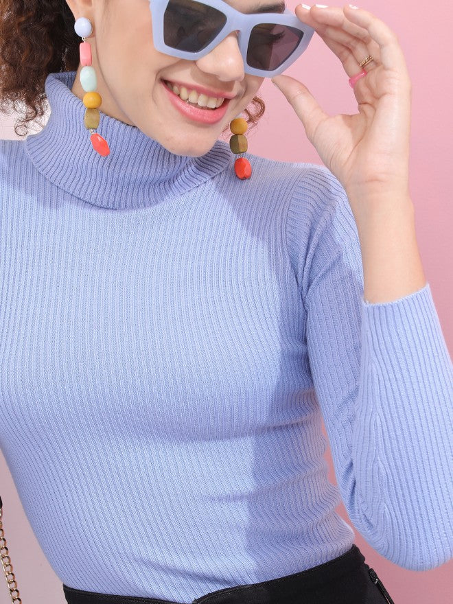 Tokyo Talkies Women Blue Turtle Neck Pullover Sweater - Blue - Image 5