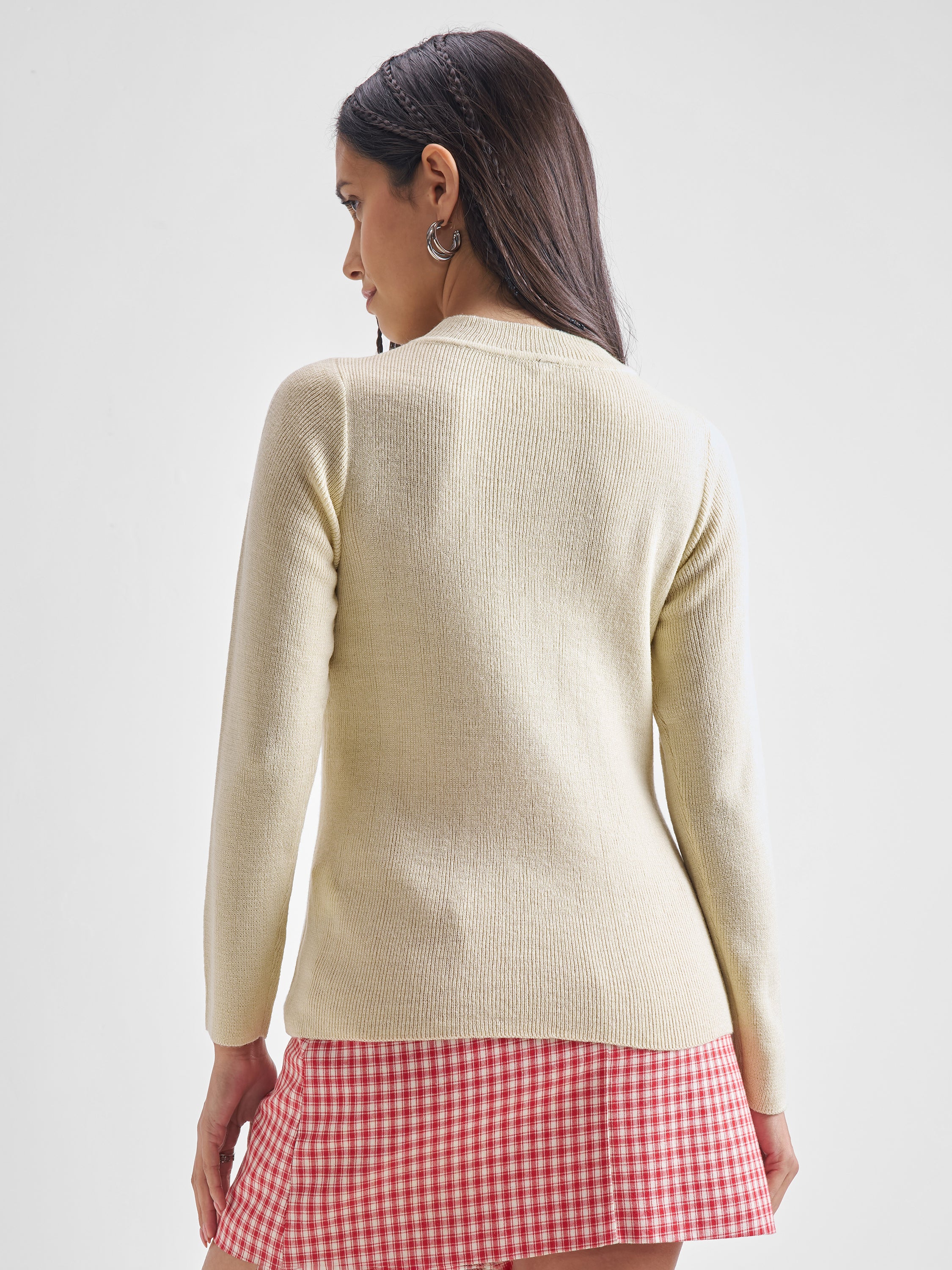 Tokyo Talkies Women Beige Round Neck Long Sleeve Sweater - Beige - Image 3