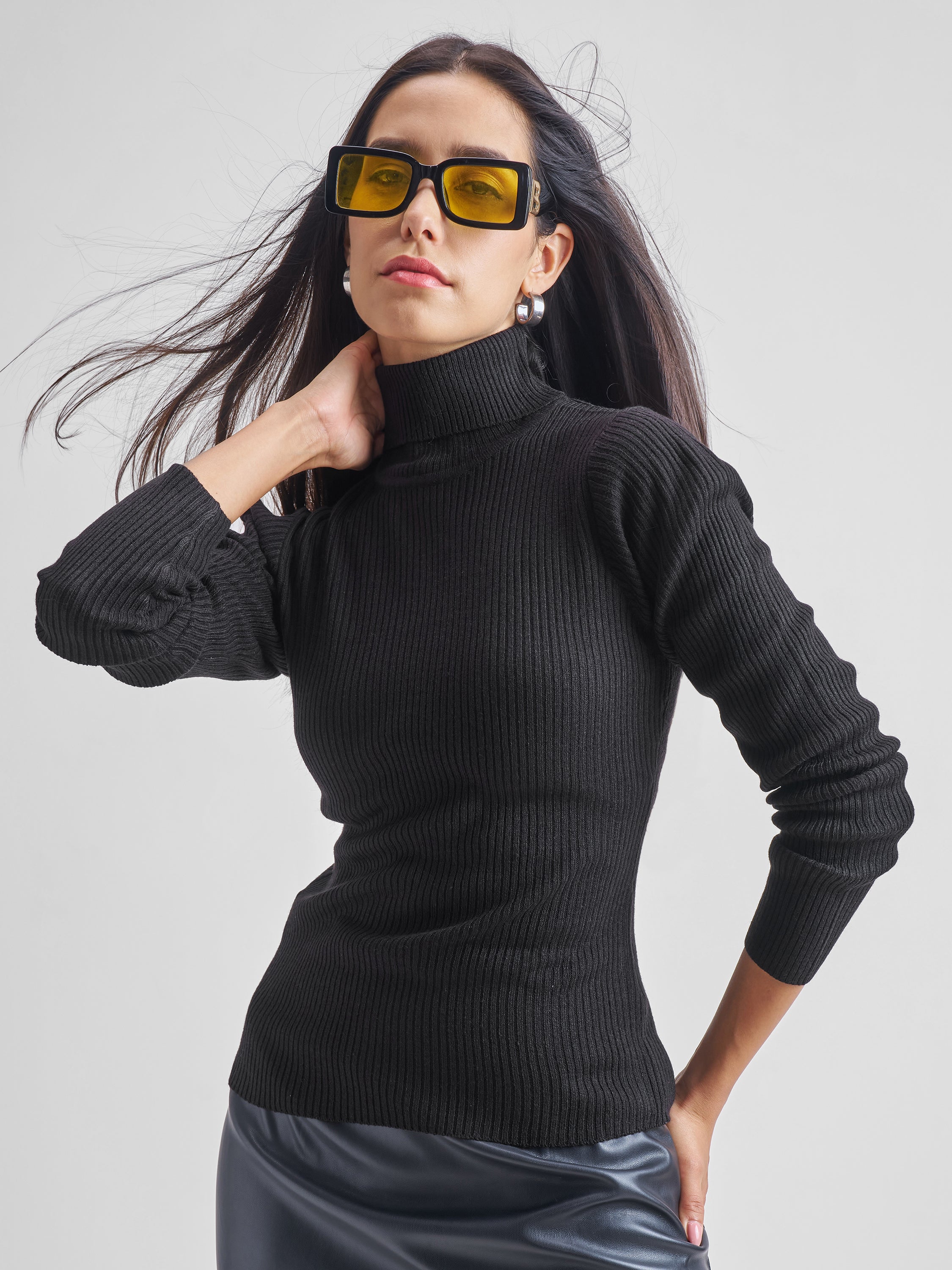 Tokyo Talkies Women Black Turtle Neck Solid Sweater - Black - Image 1
