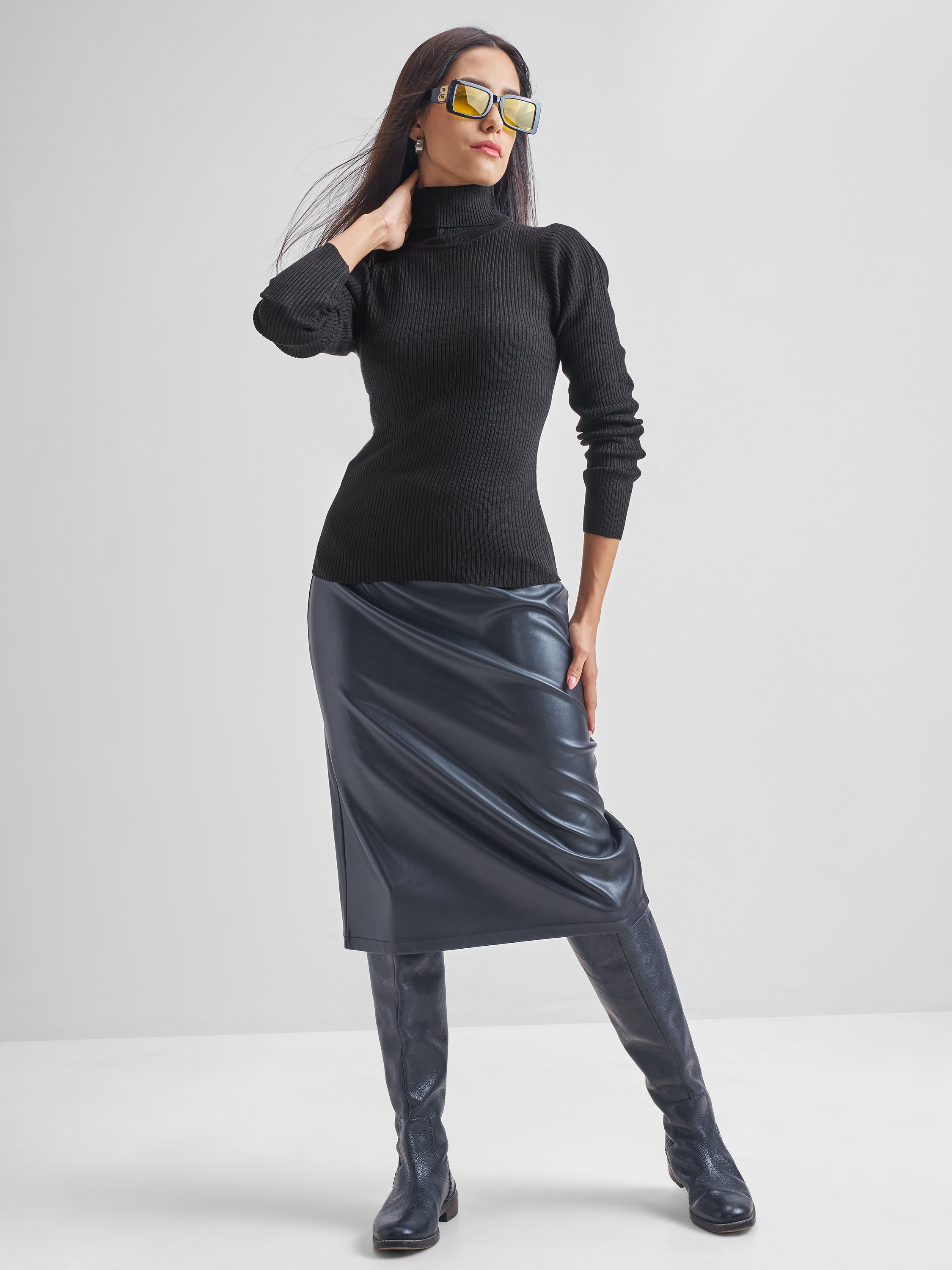 Tokyo Talkies Women Black Turtle Neck Solid Sweater - Black - Image 2