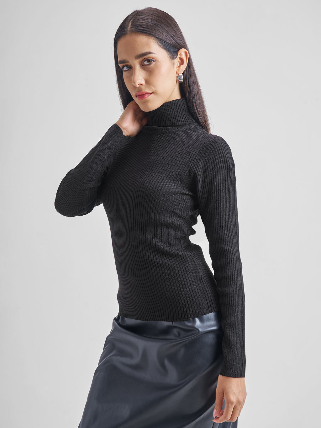 Tokyo Talkies Women Black Turtle Neck Solid Sweater - Black - Image 4