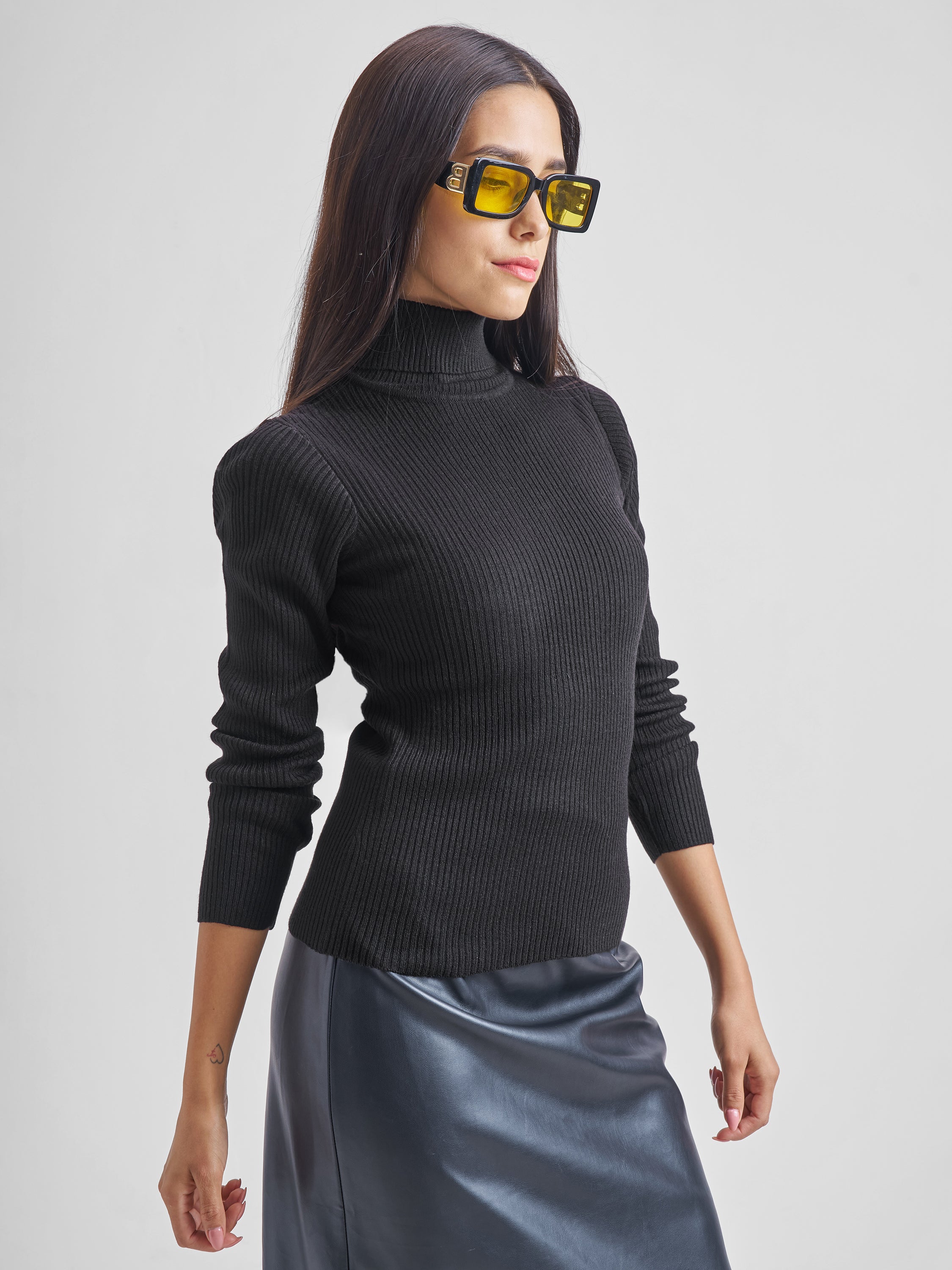 Tokyo Talkies Women Black Turtle Neck Solid Sweater - Black - Image 6
