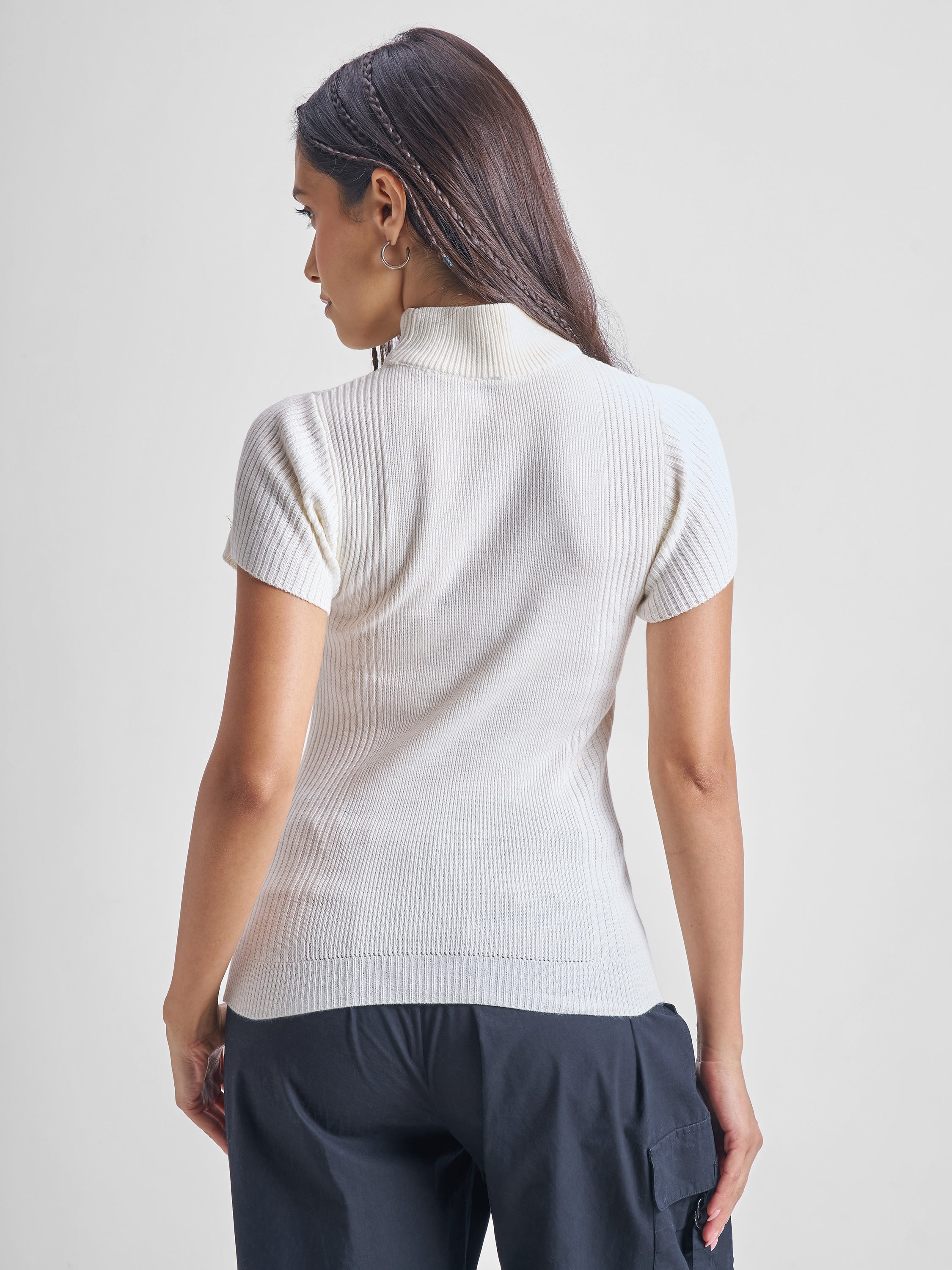 Tokyo Talkies Women White Round Neck Pullover Sweater - White - Image 3
