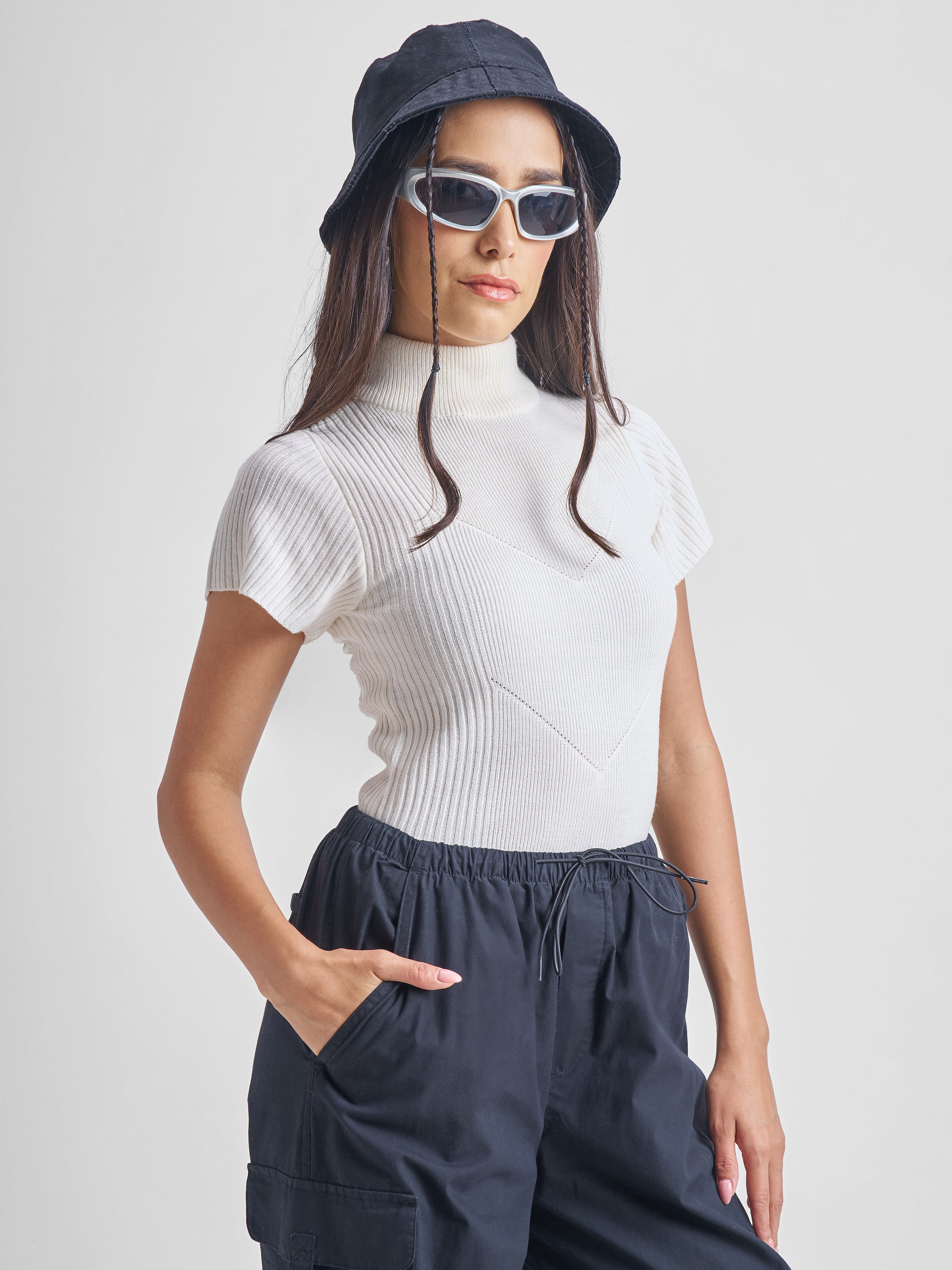Tokyo Talkies Women White Round Neck Pullover Sweater - White - Image 6