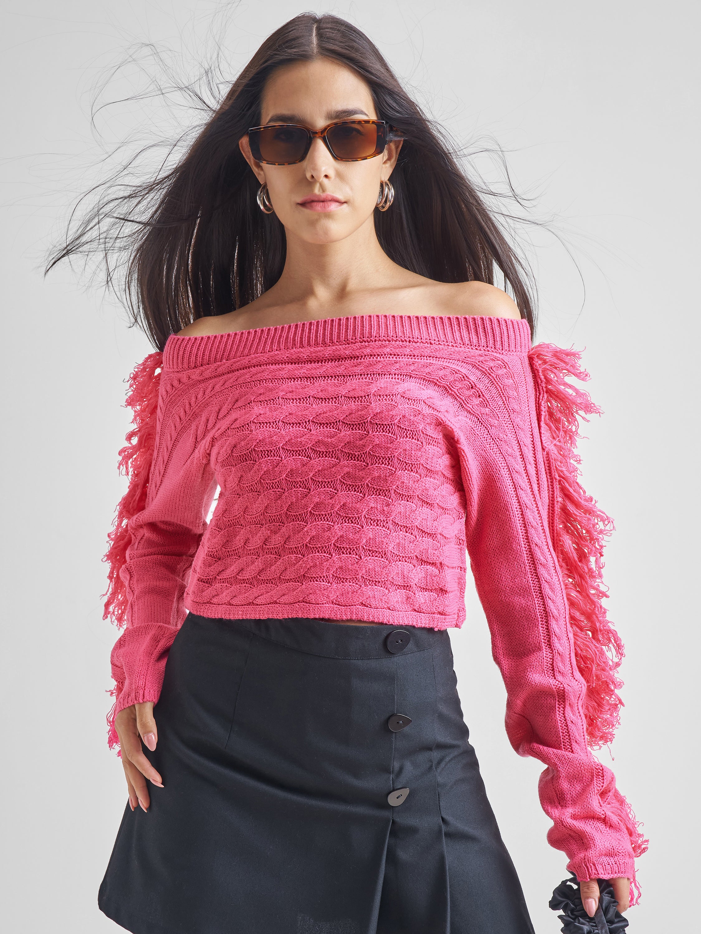 Tokyo Talkies Women Pink Boat Neck Sweater - Pink - Image 1