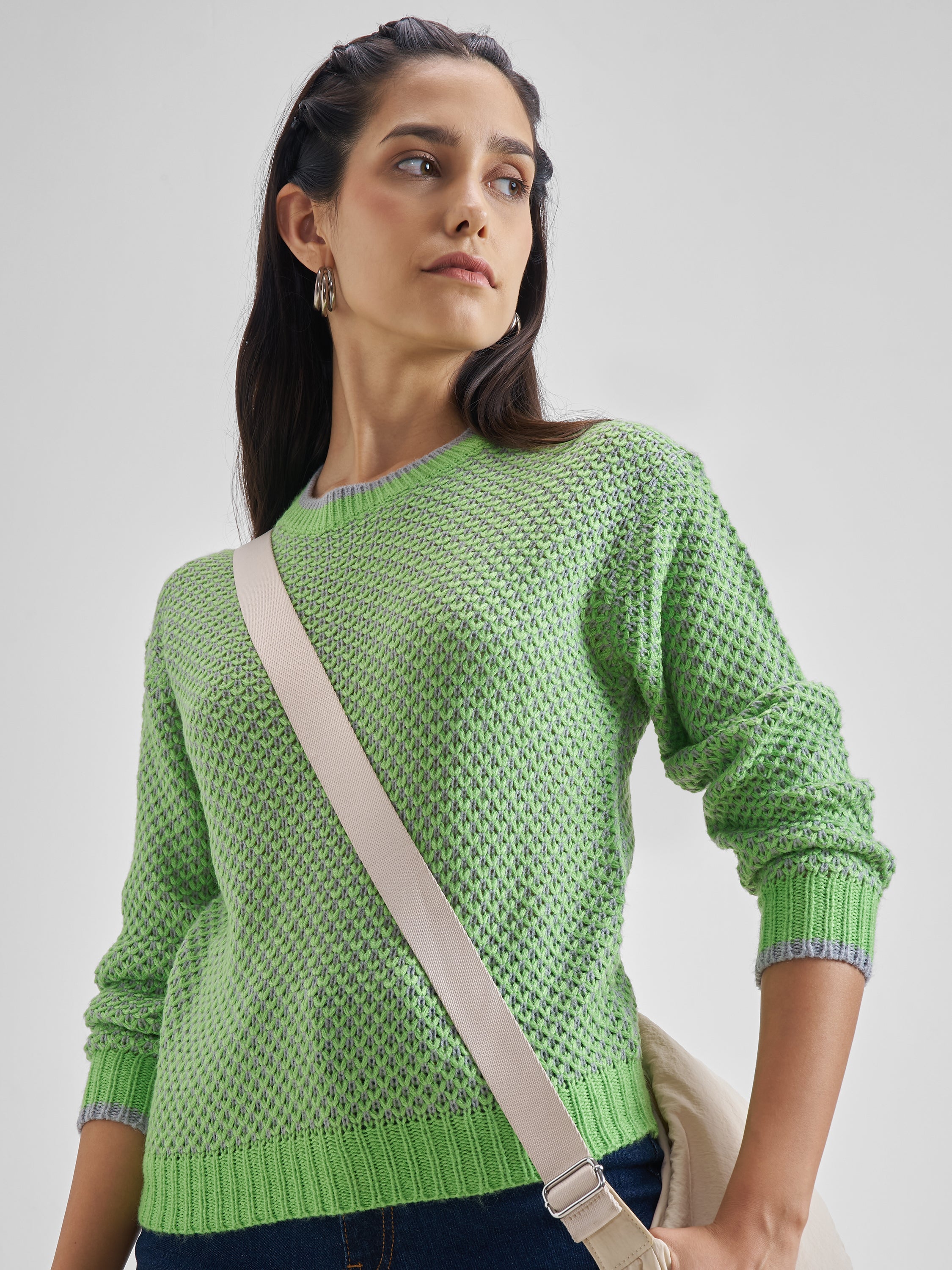 Tokyo Talkies Women Green Round Neck Sweater - Green - Image 1