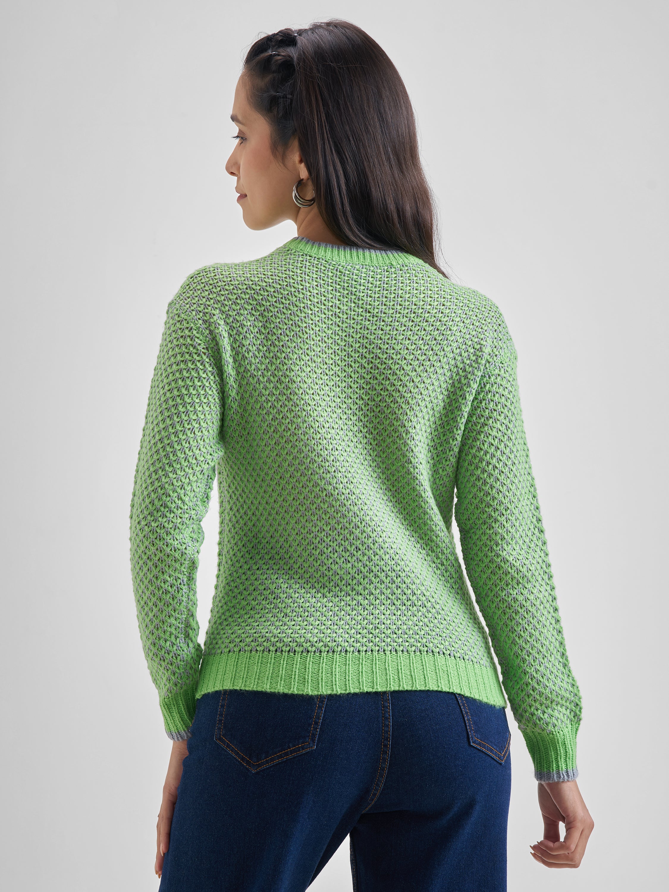 Tokyo Talkies Women Green Round Neck Sweater - Green - Image 3