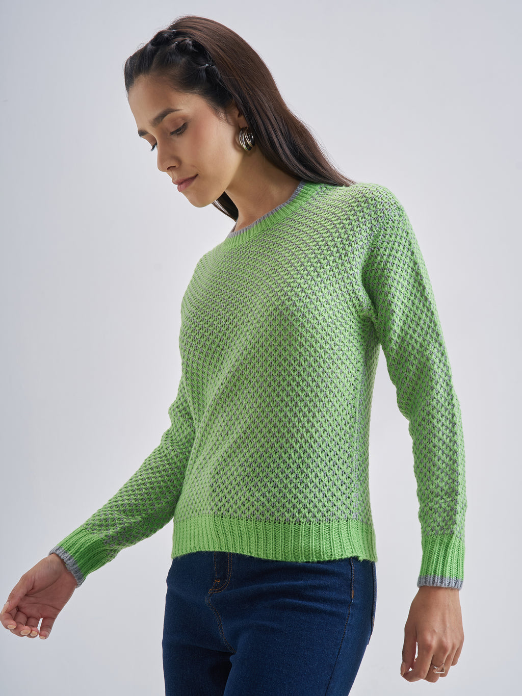 Tokyo Talkies Women Green Round Neck Sweater - Green - Image 4