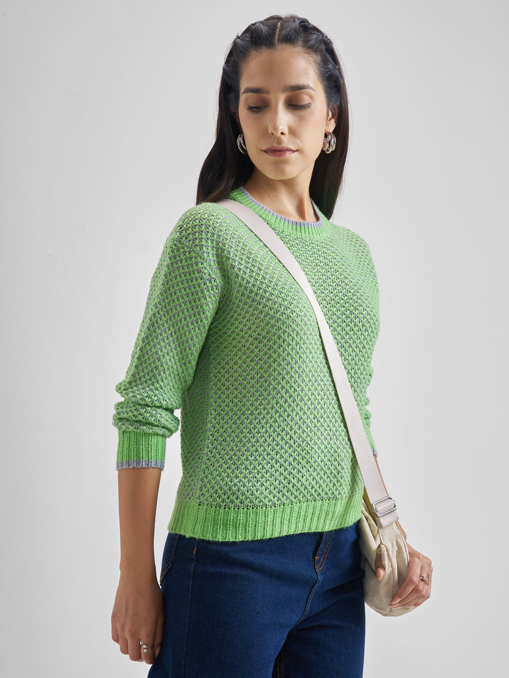 Tokyo Talkies Women Green Round Neck Sweater - Green - Image 6