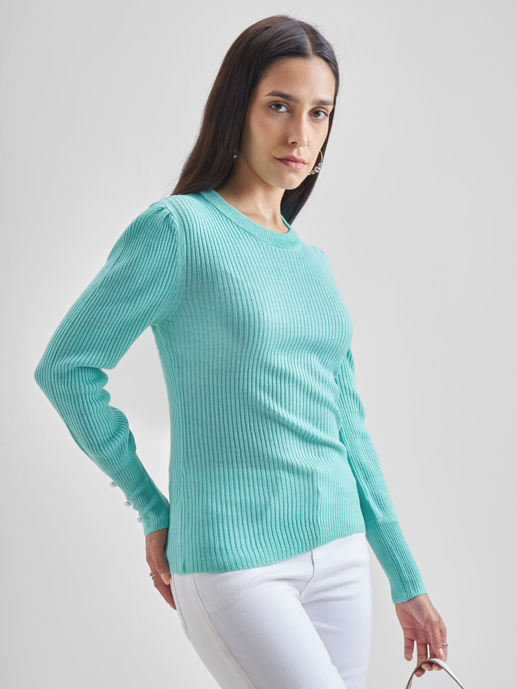 Tokyo Talkies Women Aqua Boat Neck Sweater - Blue - Image 6