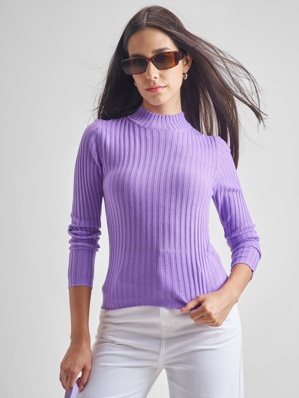 Tokyo Talkies Women Purple Mock Neck Pullover Sweater - Purple - Image 1