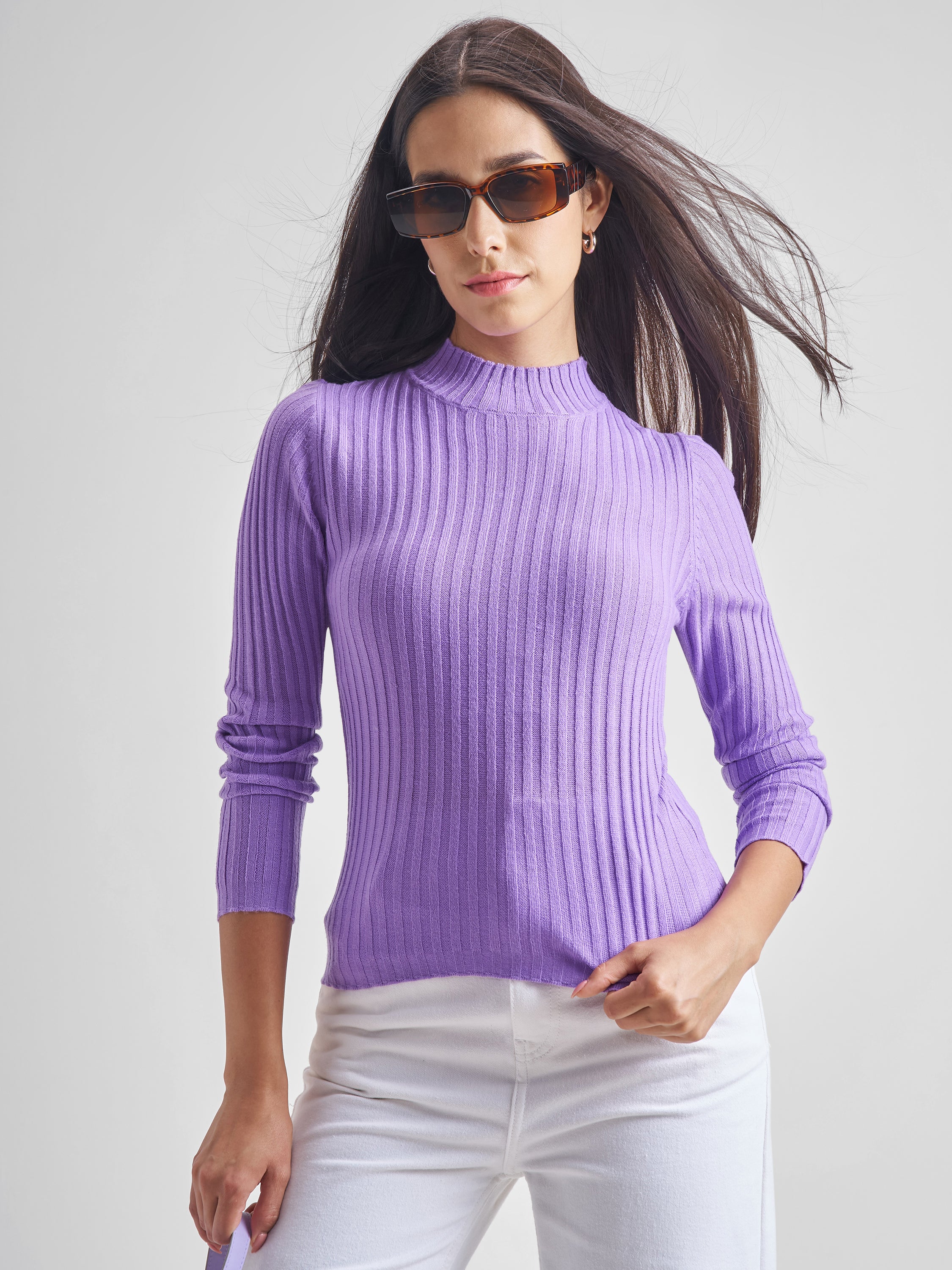 Tokyo Talkies Women Purple Mock Neck Pullover Sweater - Purple - Image 1