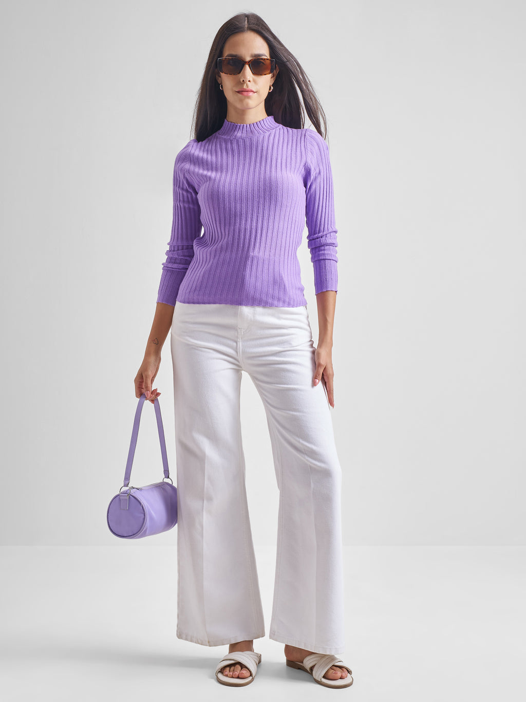 Tokyo Talkies Women Purple Mock Neck Pullover Sweater - Purple - Image 2