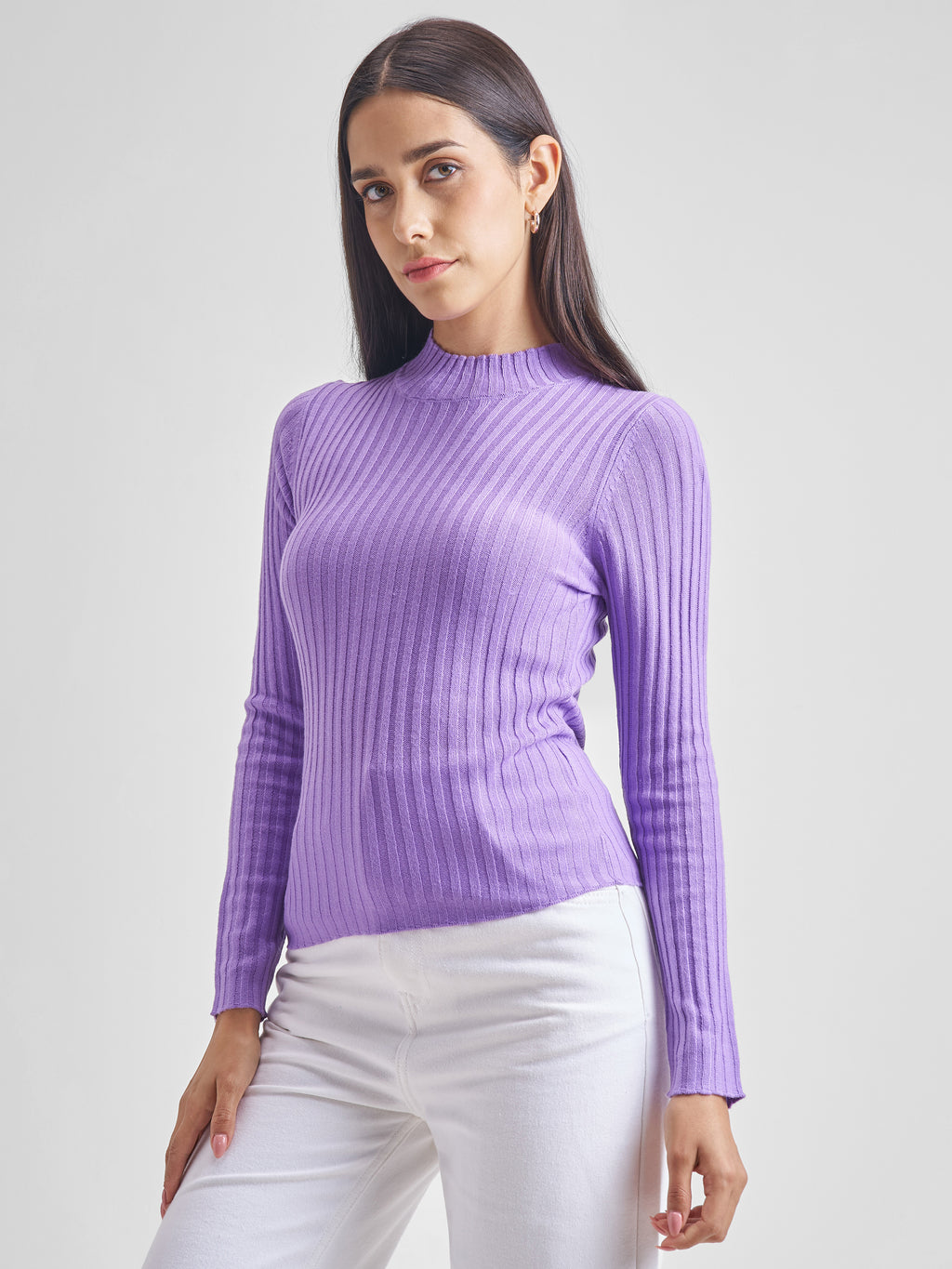Tokyo Talkies Women Purple Mock Neck Pullover Sweater - Purple - Image 4