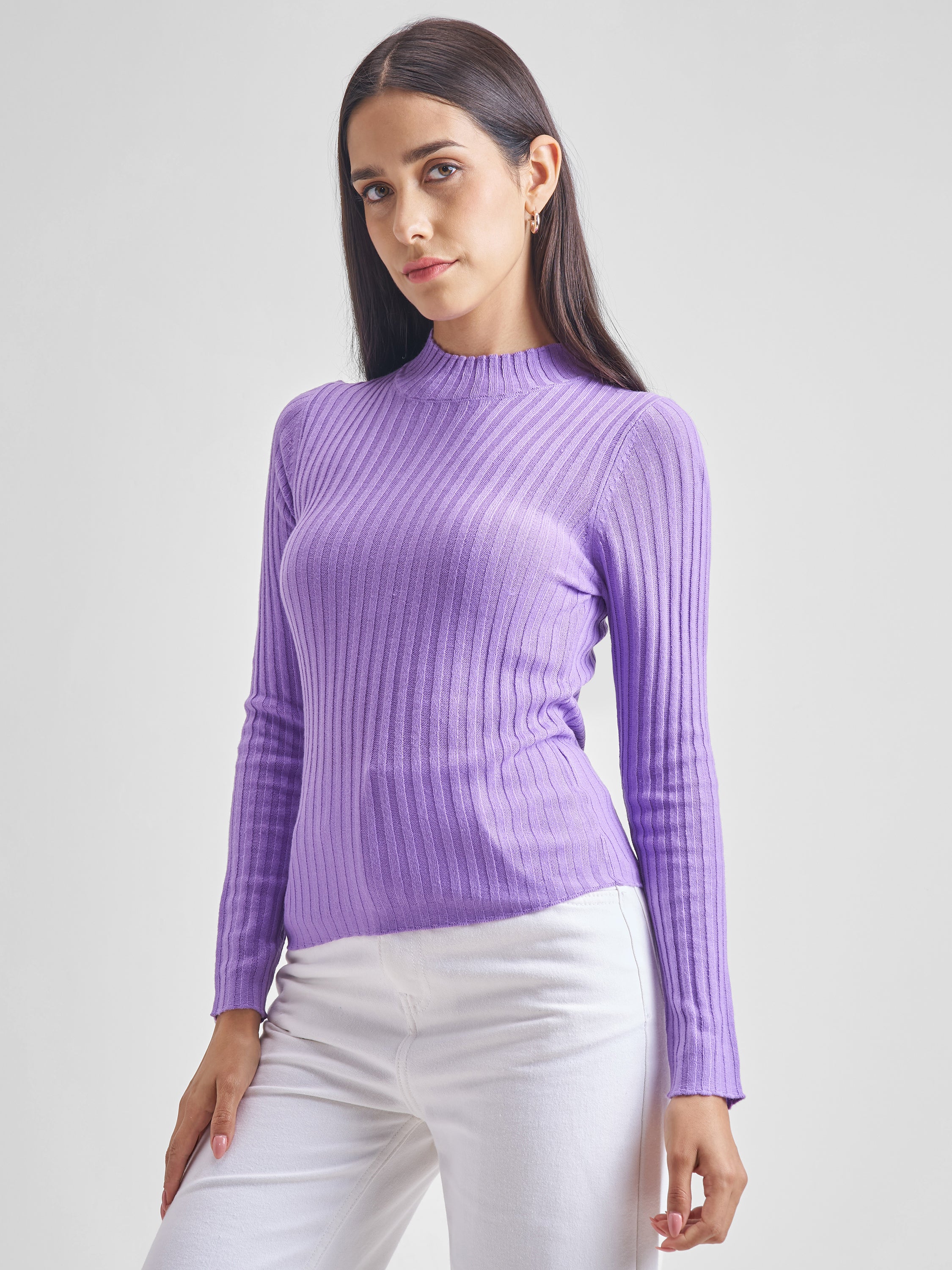 Tokyo Talkies Women Purple Mock Neck Pullover Sweater - Purple - Image 4