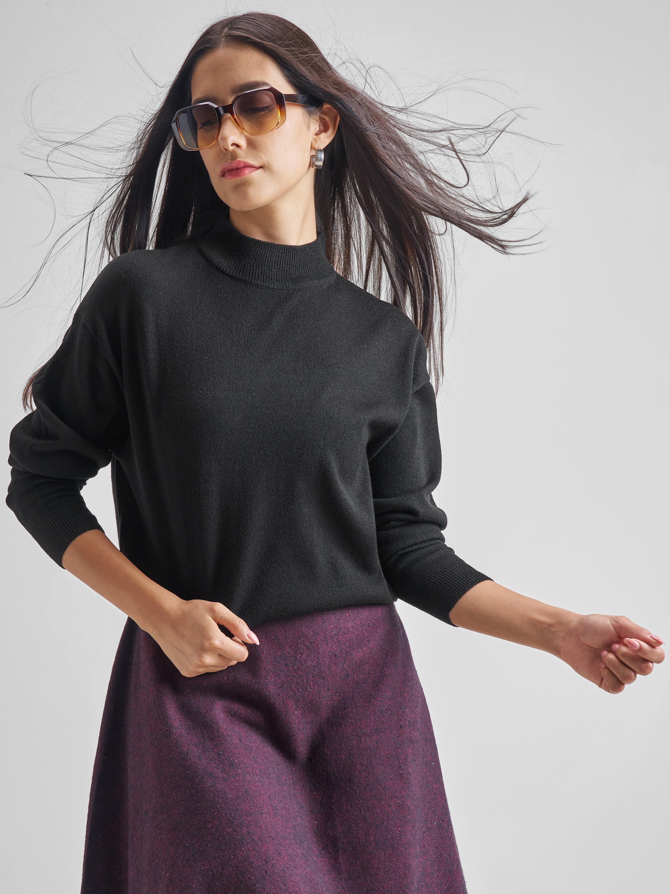 Tokyo Talkies Women Black Turtle Neck Sweater - Black - Image 1