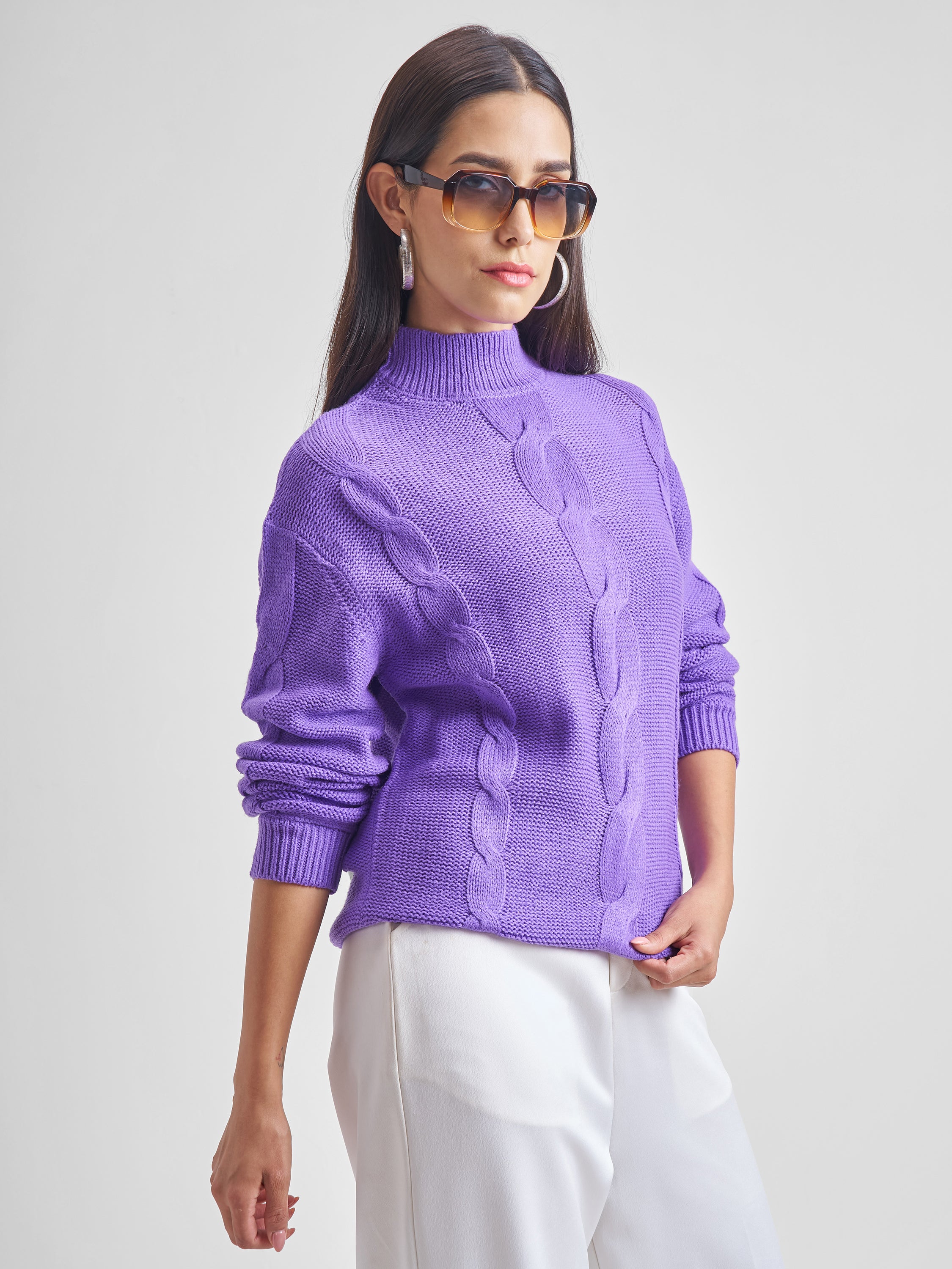 Tokyo Talkies Women Purple Turtle Neck Sweater - Purple - Image 6