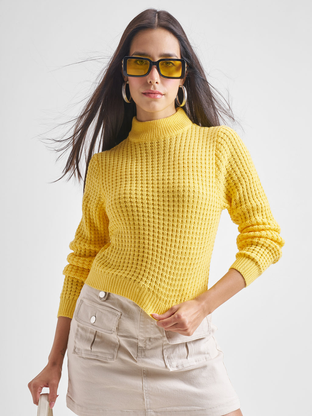 Tokyo Talkies Women Yellow Mock Neck Sweater - Yellow - Image 1