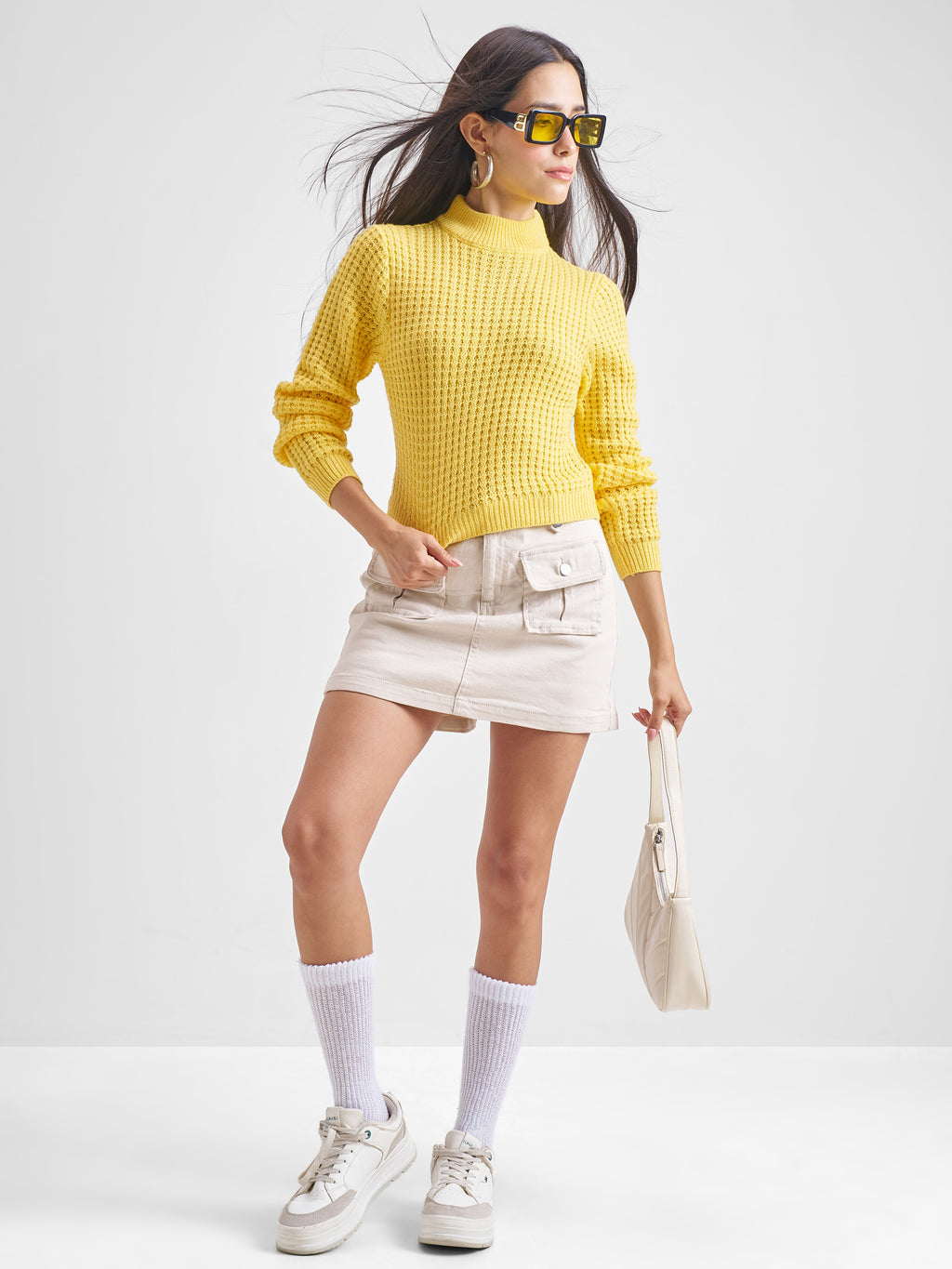 Tokyo Talkies Women Yellow Mock Neck Sweater - Yellow - Image 2