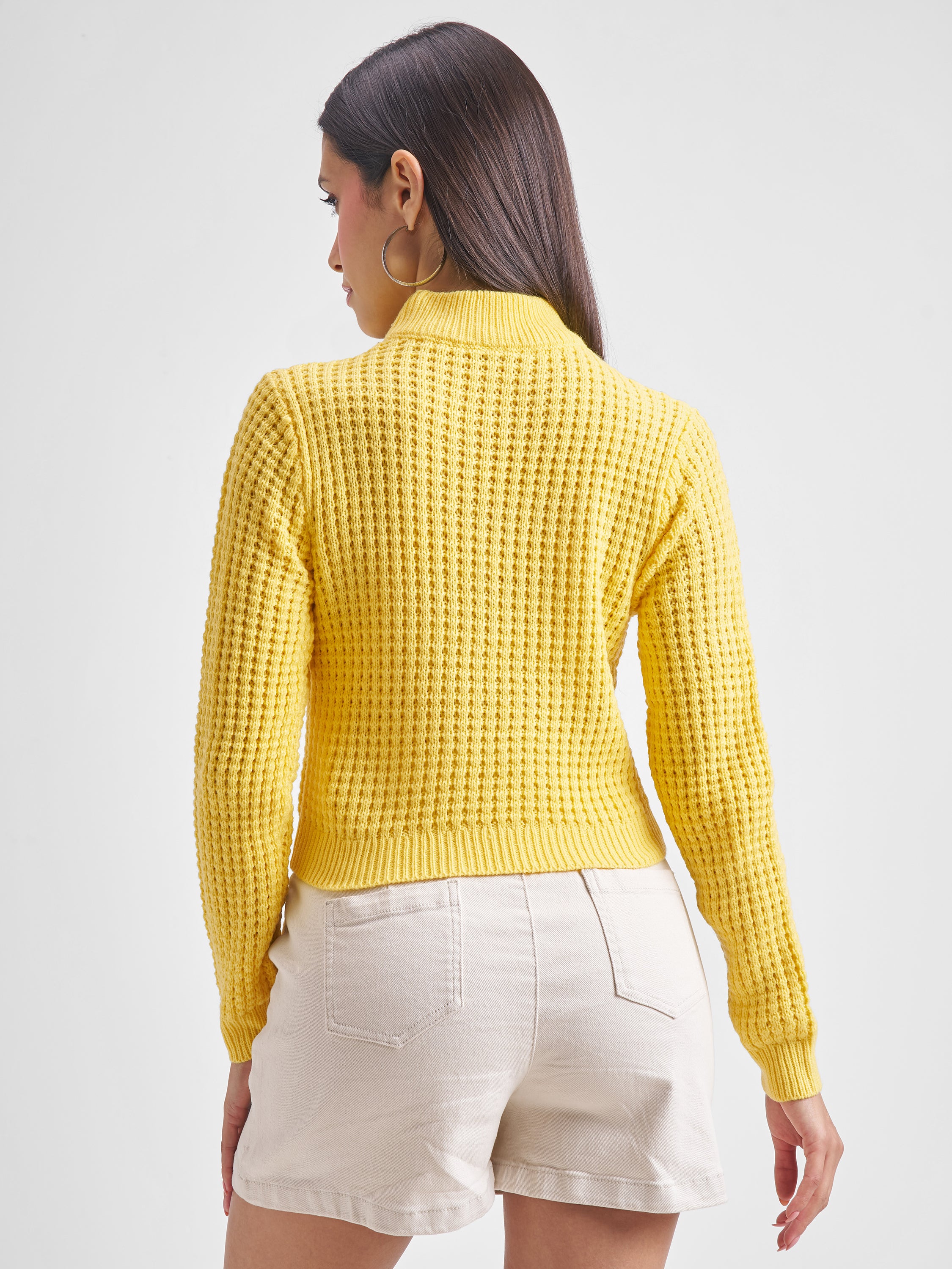 Tokyo Talkies Women Yellow Mock Neck Sweater - Yellow - Image 3