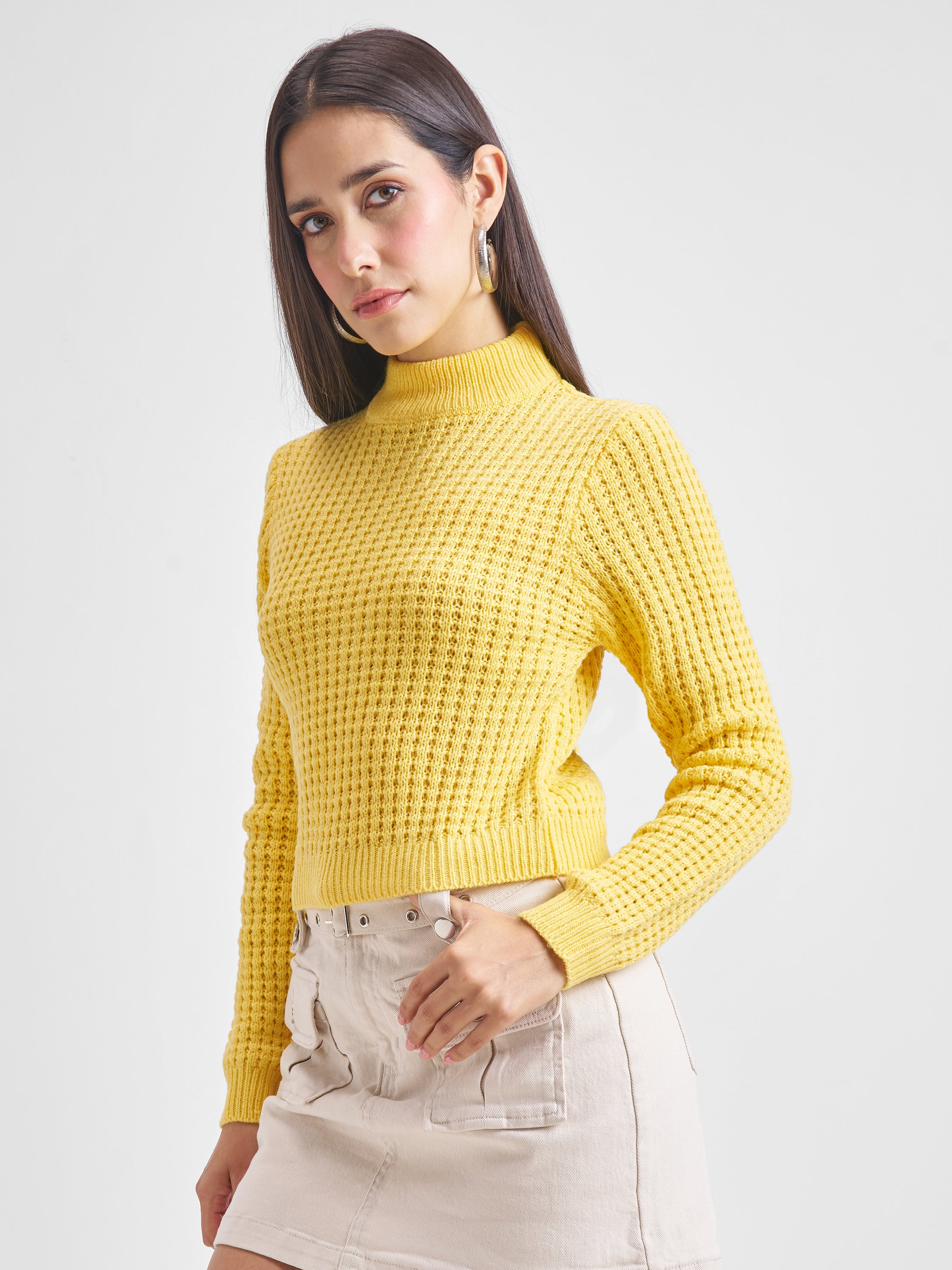 Tokyo Talkies Women Yellow Mock Neck Sweater - Yellow - Image 4