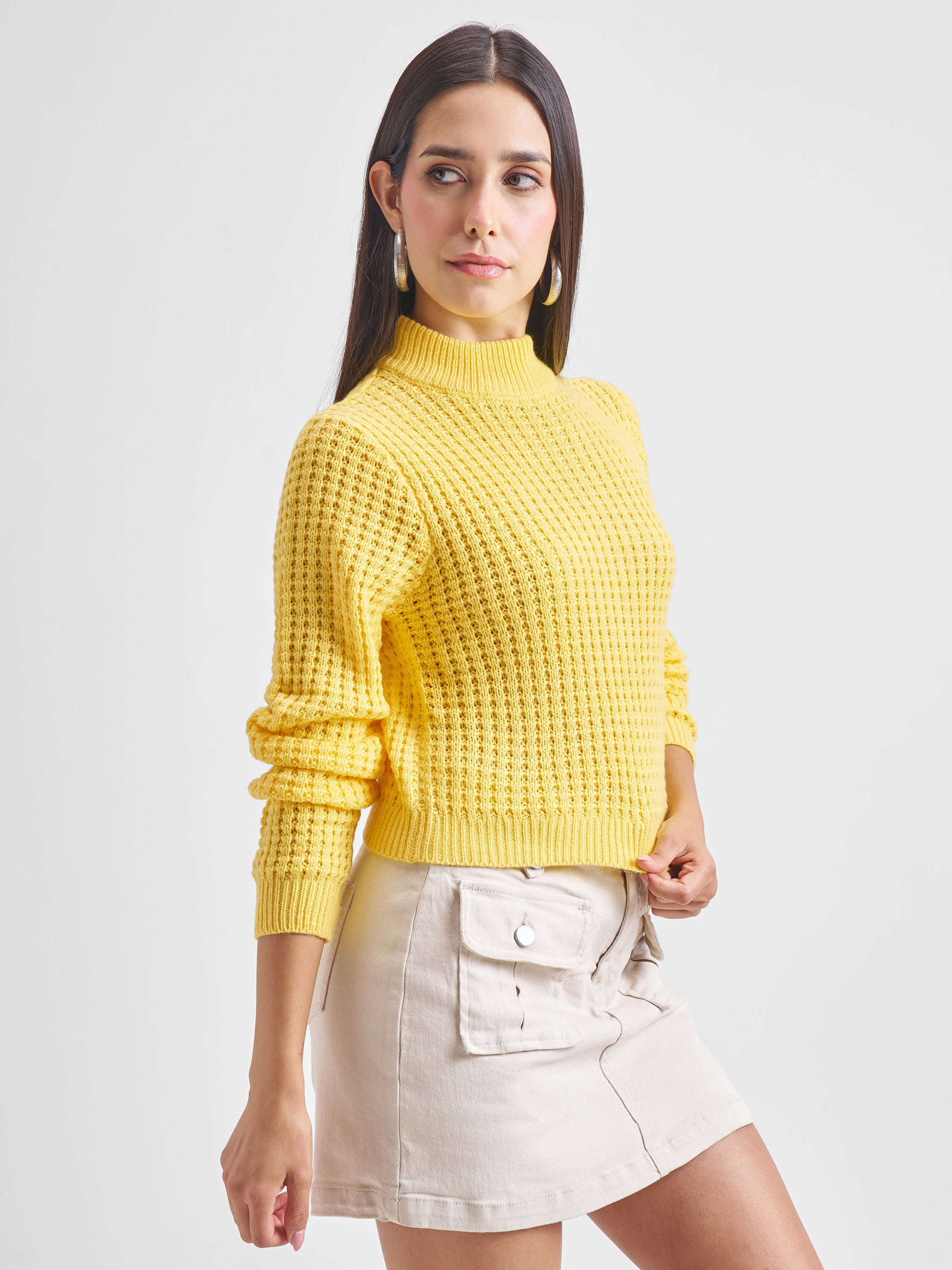 Tokyo Talkies Women Yellow Mock Neck Sweater - Yellow - Image 6