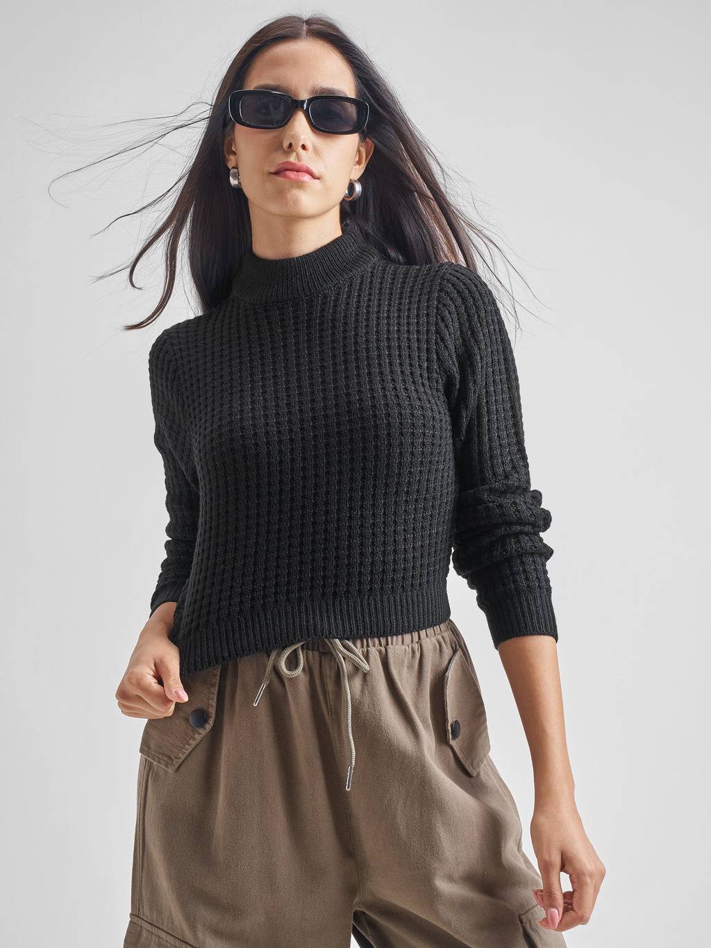 Tokyo Talkies Women Black Mock Neck Sweater - Black - Image 1