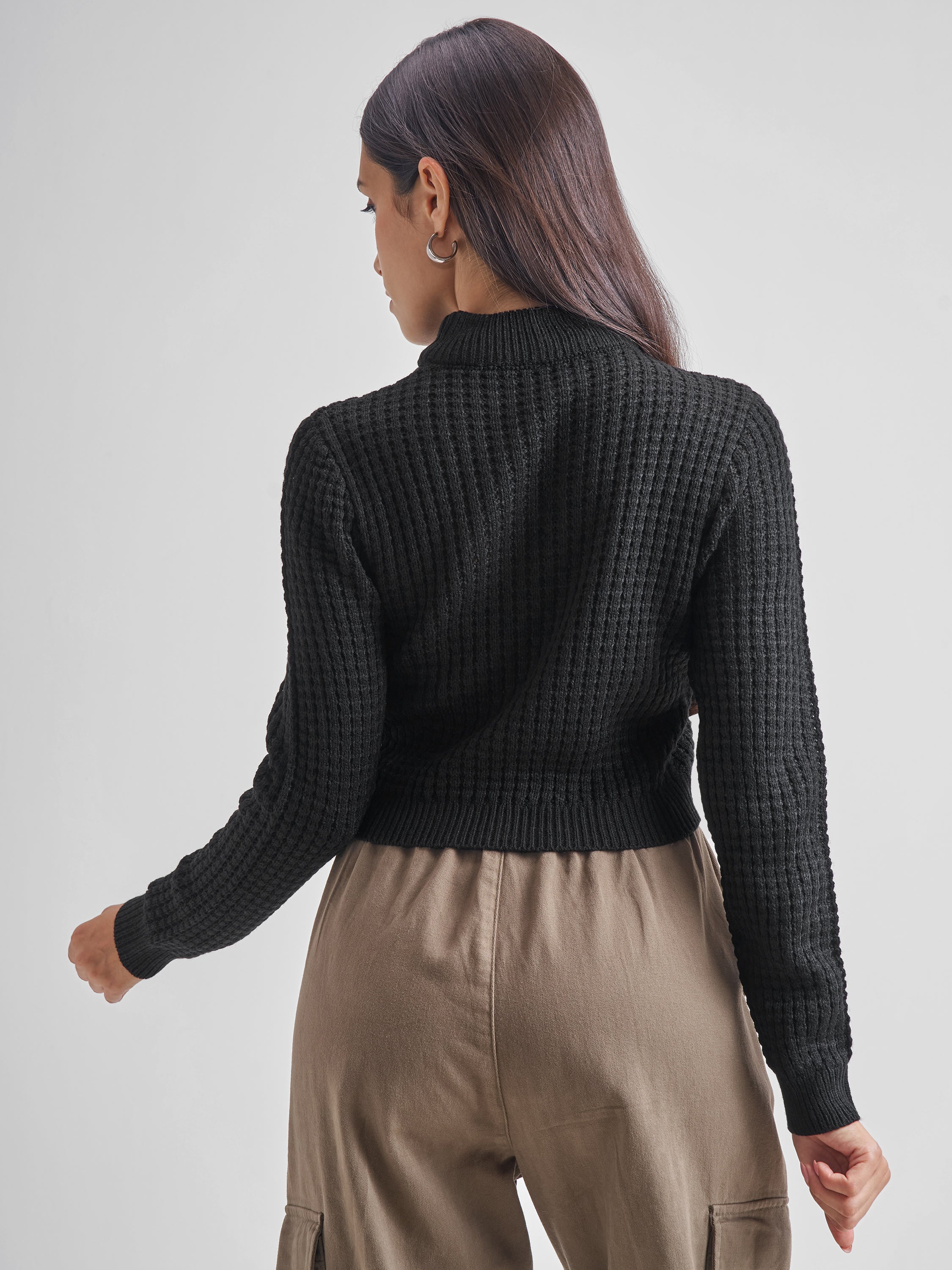 Tokyo Talkies Women Black Mock Neck Sweater - Black - Image 3