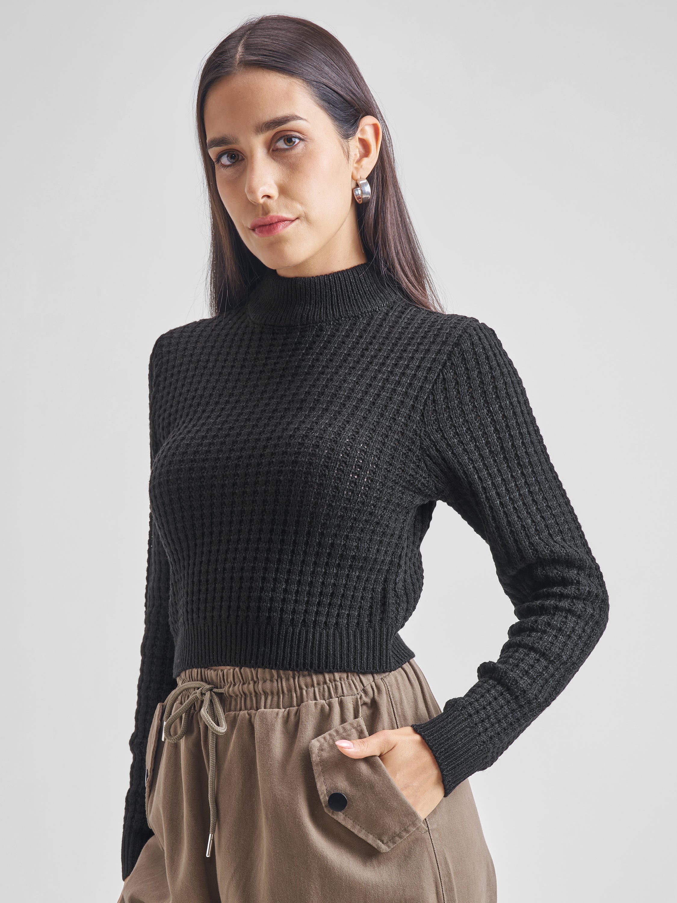 Tokyo Talkies Women Black Mock Neck Sweater - Black - Image 4
