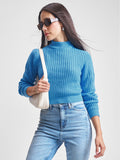 Tokyo Talkies Women Blue Mock Neck Sweater - Blue - Image 1