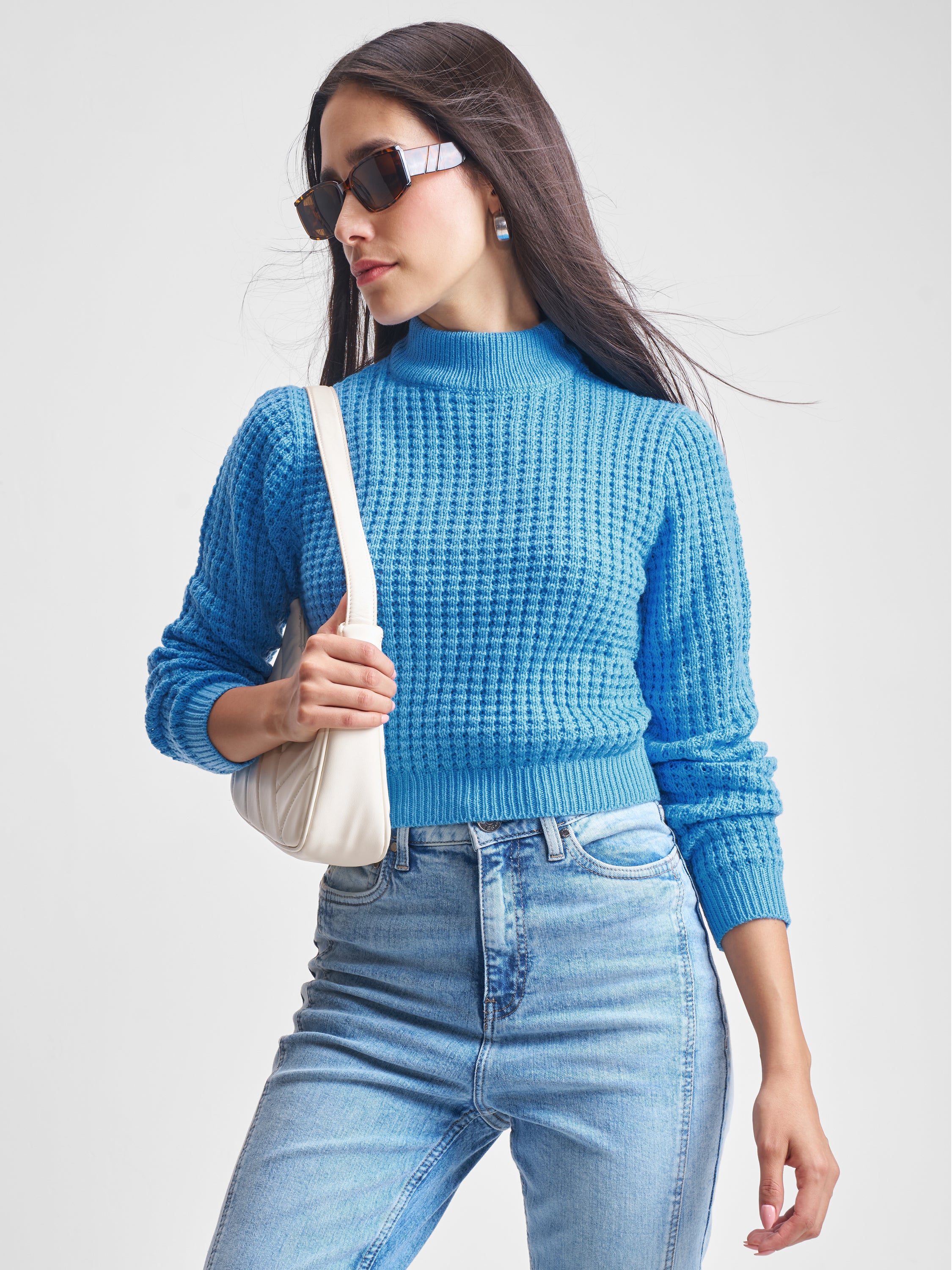 Tokyo Talkies Women Blue Mock Neck Sweater - Blue - Image 1