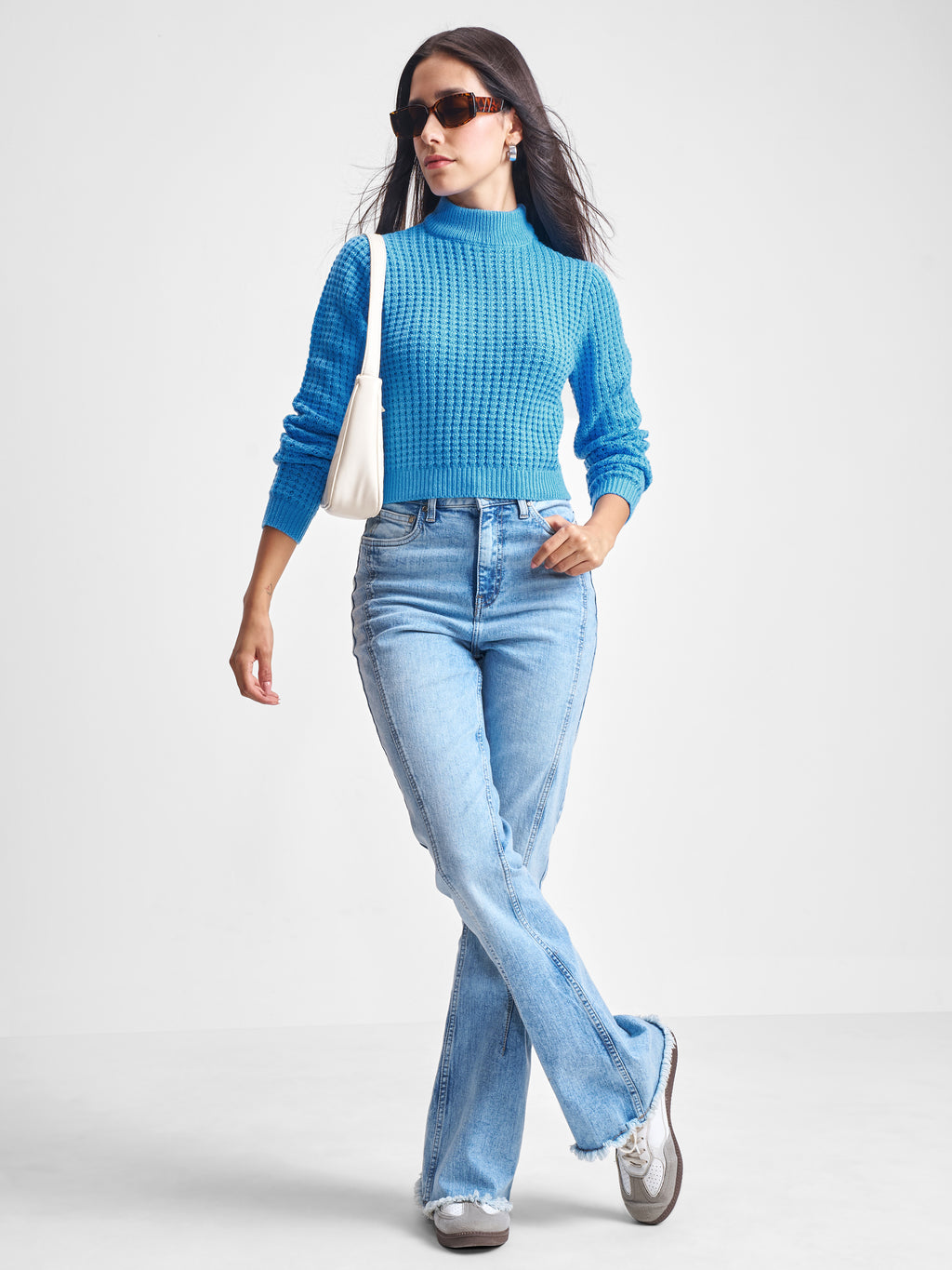 Tokyo Talkies Women Blue Mock Neck Sweater - Blue - Image 2