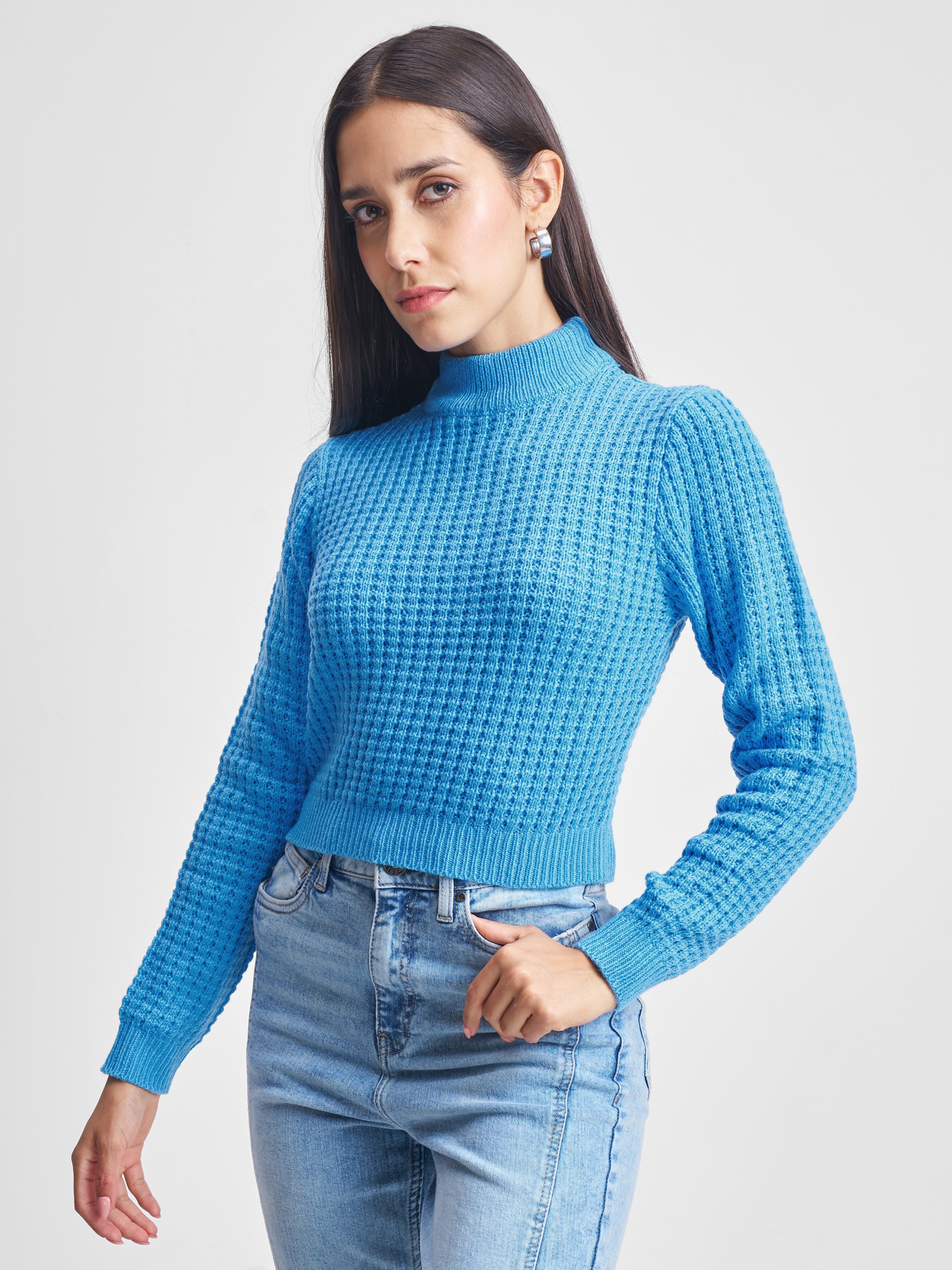 Tokyo Talkies Women Blue Mock Neck Sweater - Blue - Image 4
