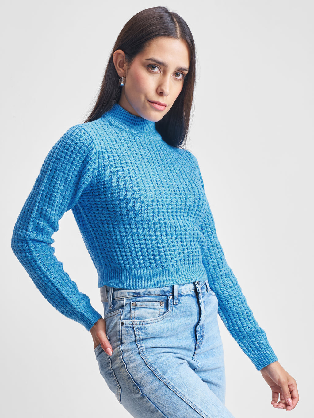 Tokyo Talkies Women Blue Mock Neck Sweater - Blue - Image 6