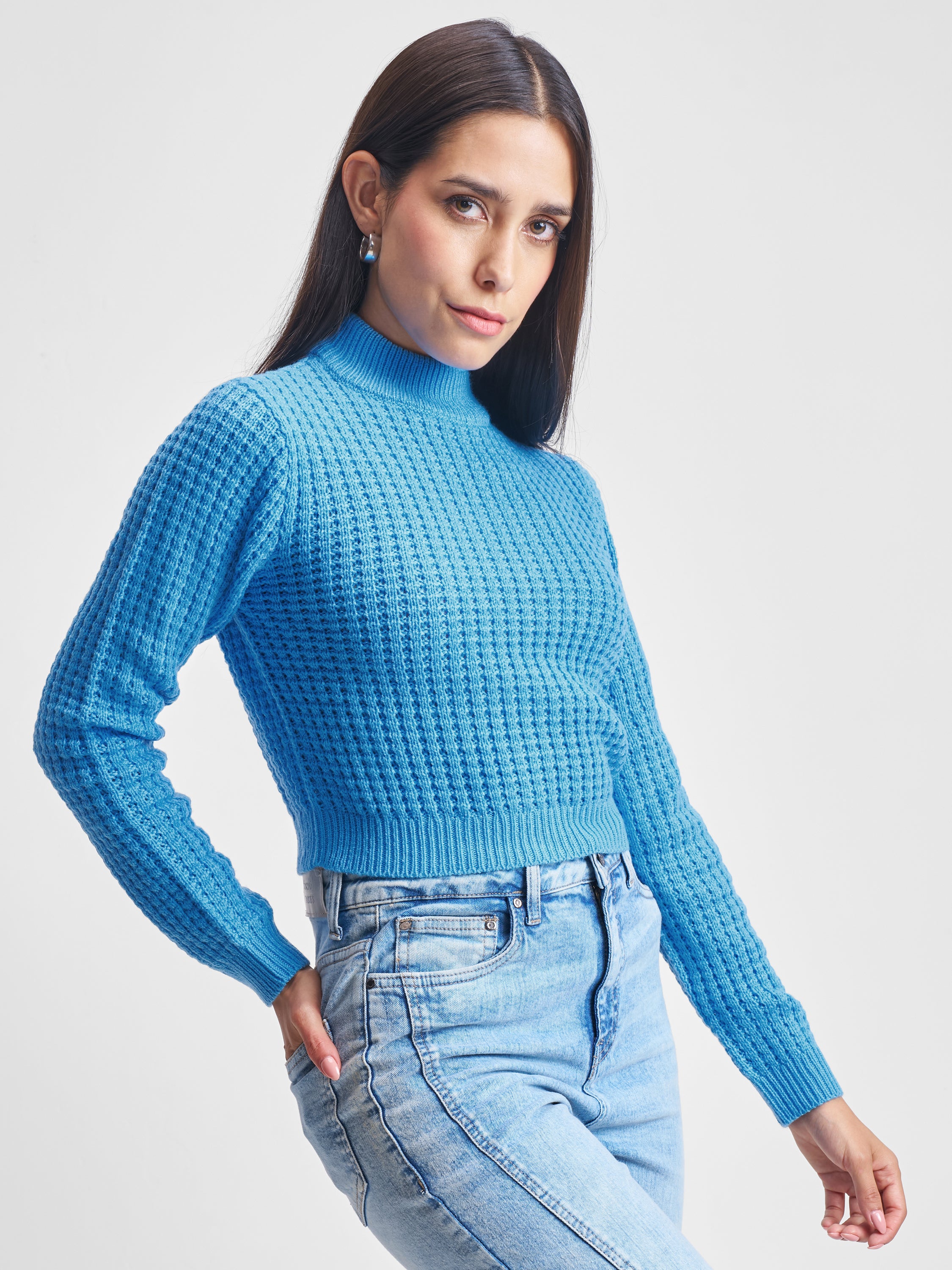 Tokyo Talkies Women Blue Mock Neck Sweater - Blue - Image 6