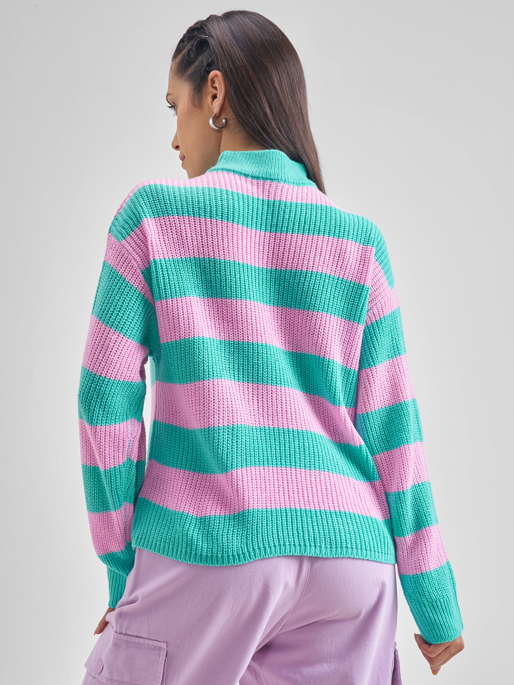Tokyo Talkies Women Aqua Mock Neck Sweater - Blue - Image 3