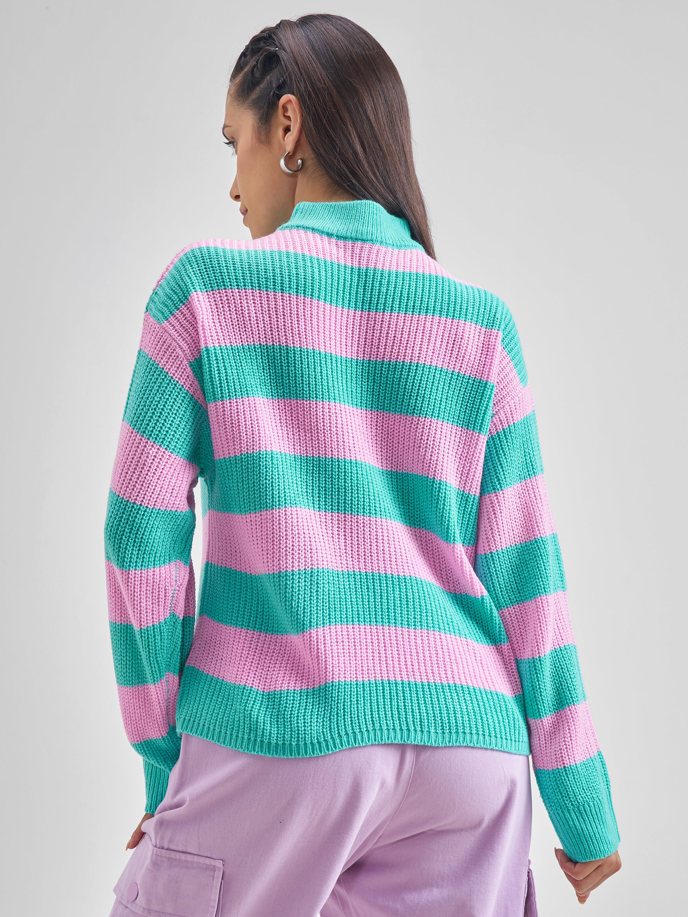 Tokyo Talkies Women Aqua Mock Neck Sweater - Blue - Image 3
