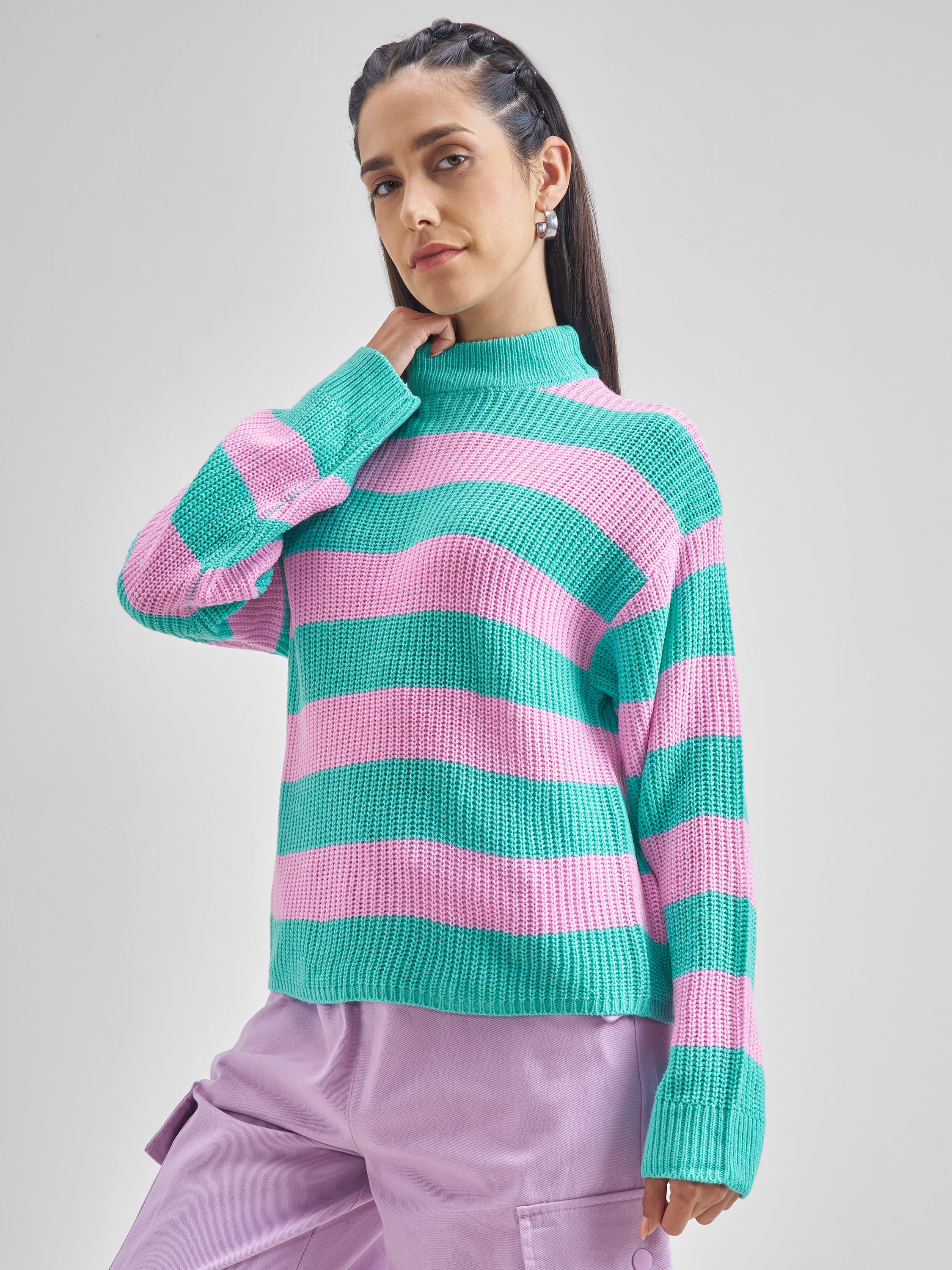 Tokyo Talkies Women Aqua Mock Neck Sweater - Blue - Image 4
