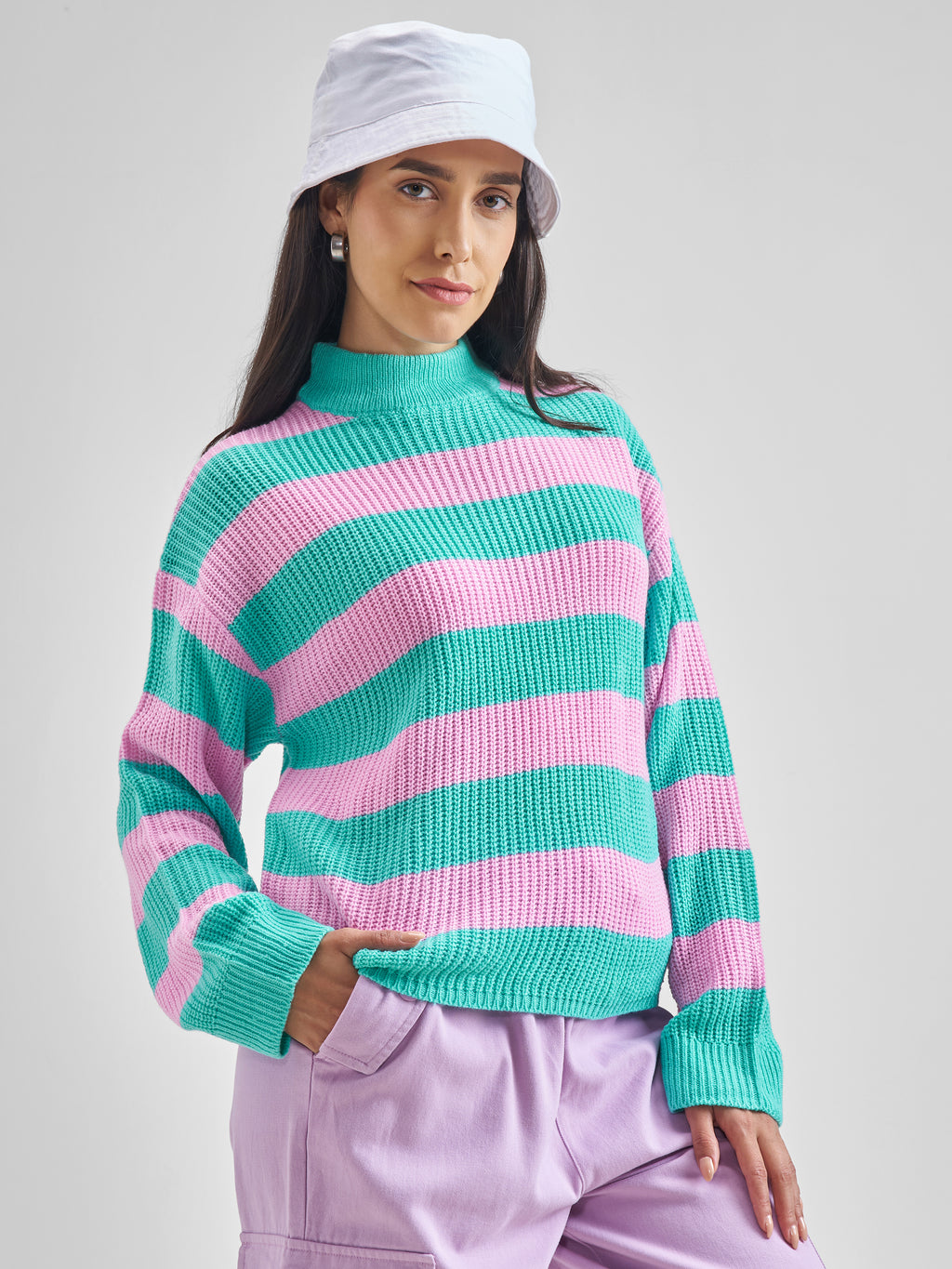 Tokyo Talkies Women Aqua Mock Neck Sweater - Blue - Image 6