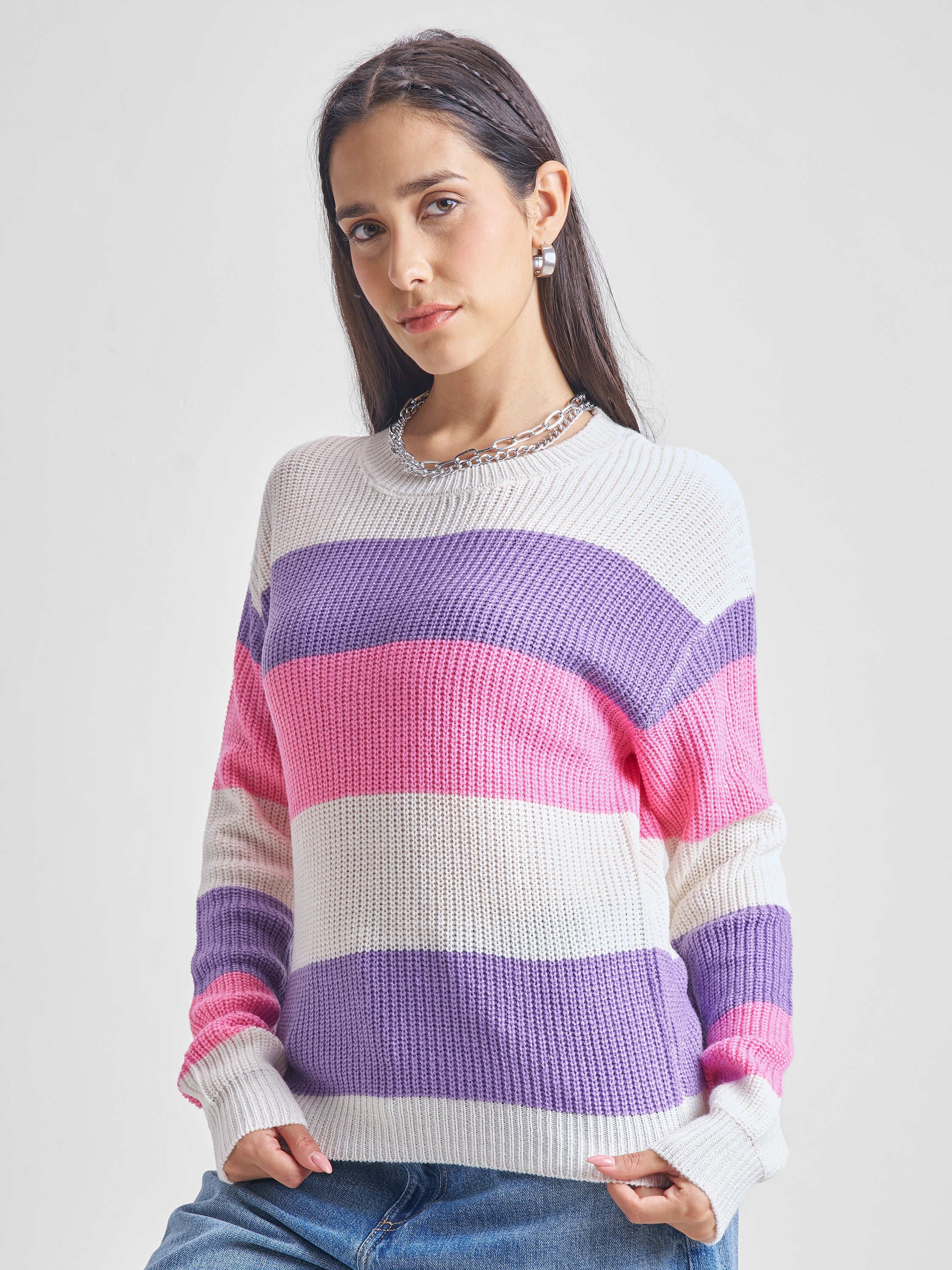 Tokyo Talkies Women Pink Round Neck Sweater - Pink - Image 4