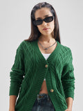 Tokyo Talkies Women Green Round Neck Cardigan Sweater - Green - Image 1