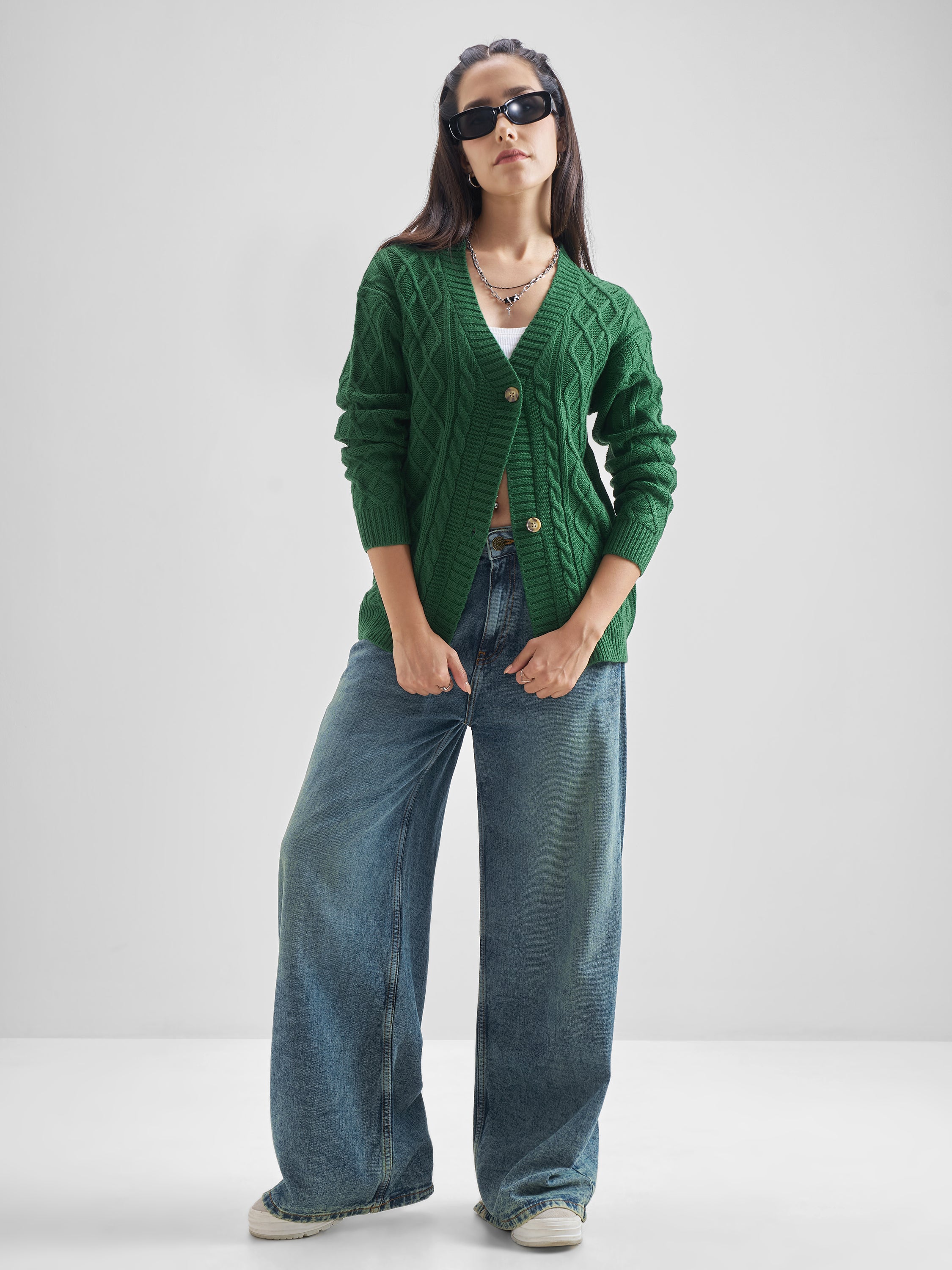 Tokyo Talkies Women Green Round Neck Cardigan Sweater - Green - Image 2