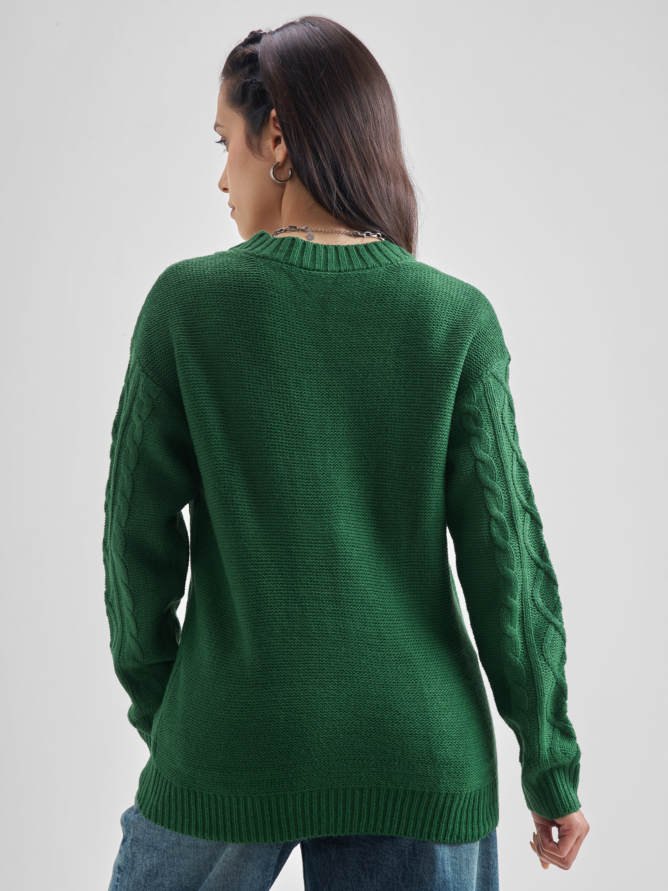 Tokyo Talkies Women Green Round Neck Cardigan Sweater - Green - Image 3