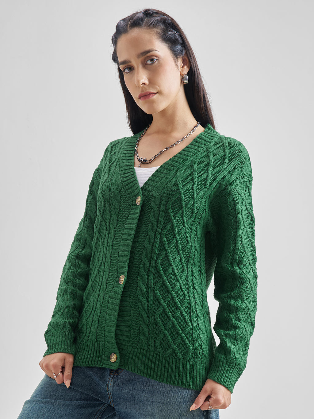 Tokyo Talkies Women Green Round Neck Cardigan Sweater - Green - Image 4