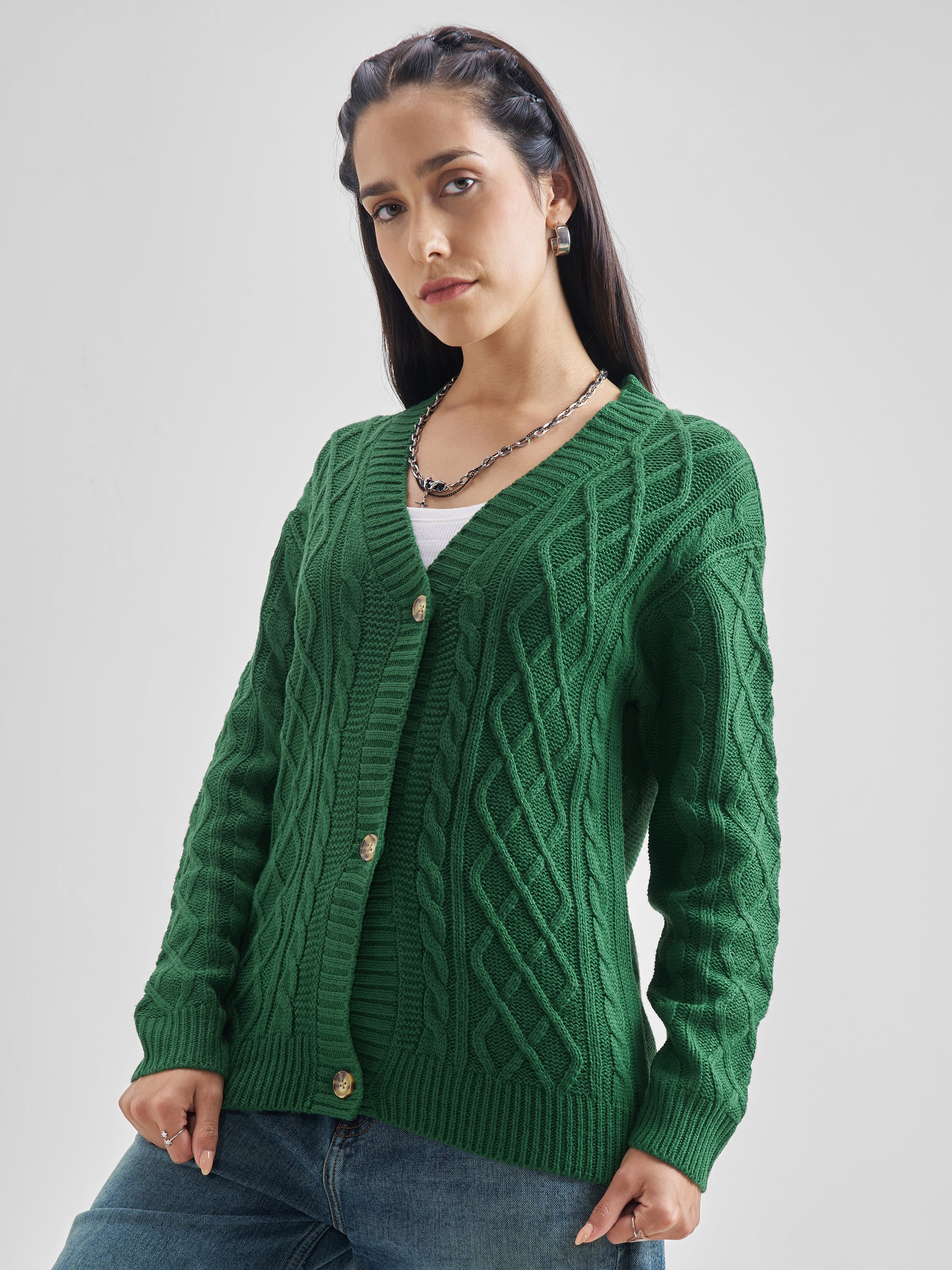 Tokyo Talkies Women Green Round Neck Cardigan Sweater - Green - Image 4