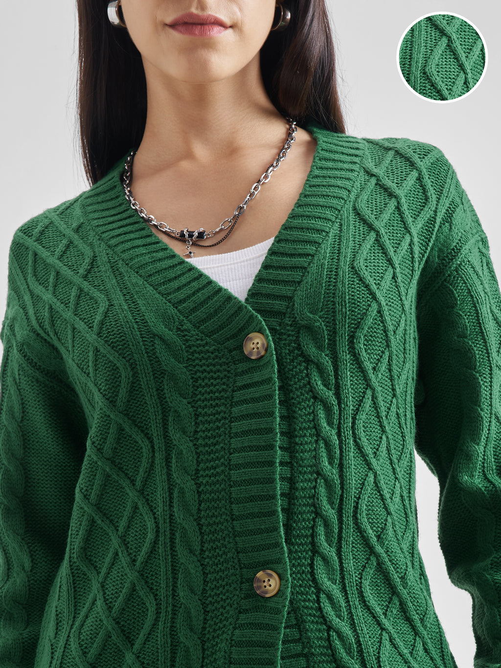 Tokyo Talkies Women Green Round Neck Cardigan Sweater - Green - Image 5
