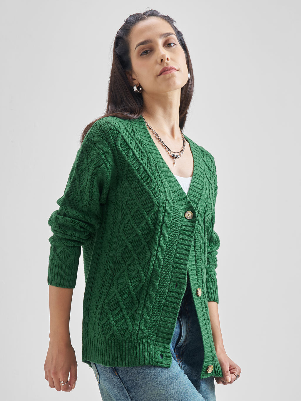 Tokyo Talkies Women Green Round Neck Cardigan Sweater - Green - Image 6